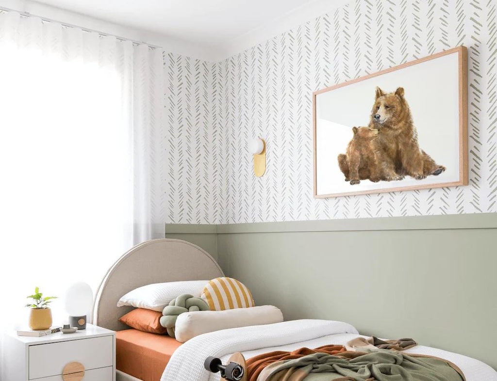 Brown Baby Bear n Mom Nursery Art Print, Grizzly Rustic Cabin Wall Painting, Kids Room Decor, Woodland Forest Animal, Signed by Artist