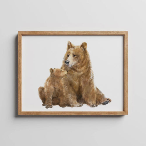 Brown Baby Bear n Mom Nursery Art Print, Grizzly Rustic Cabin Wall Painting, Kids Room Decor, Woodland Forest Animal, Signed by Artist
