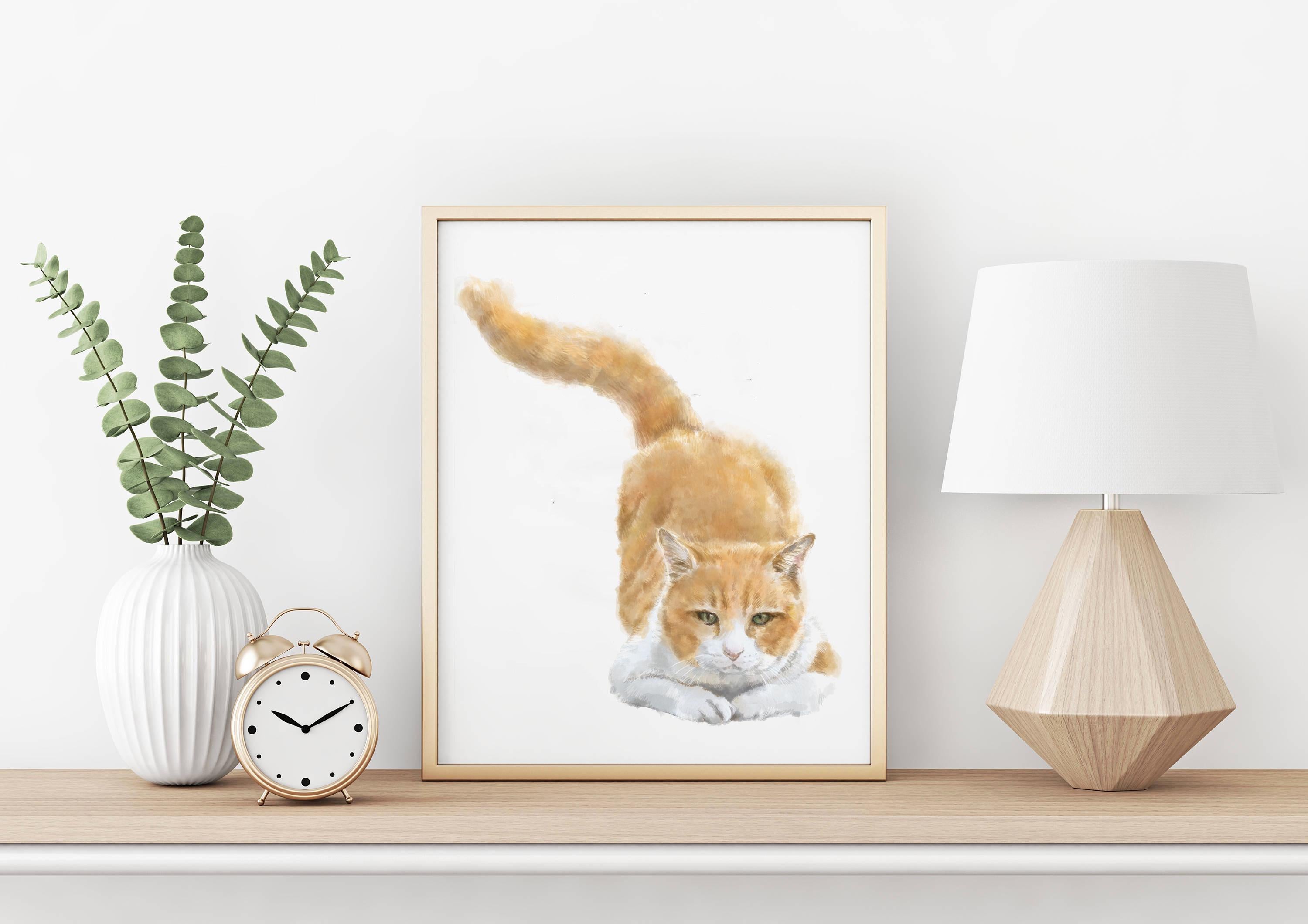 Orange Tabby Art Print, Ginger Cat Watercolor Painting, Cute Soft Pastel Minimalist Wall Decor for Cat Lovers Gift, Handmade, Artist-Signed