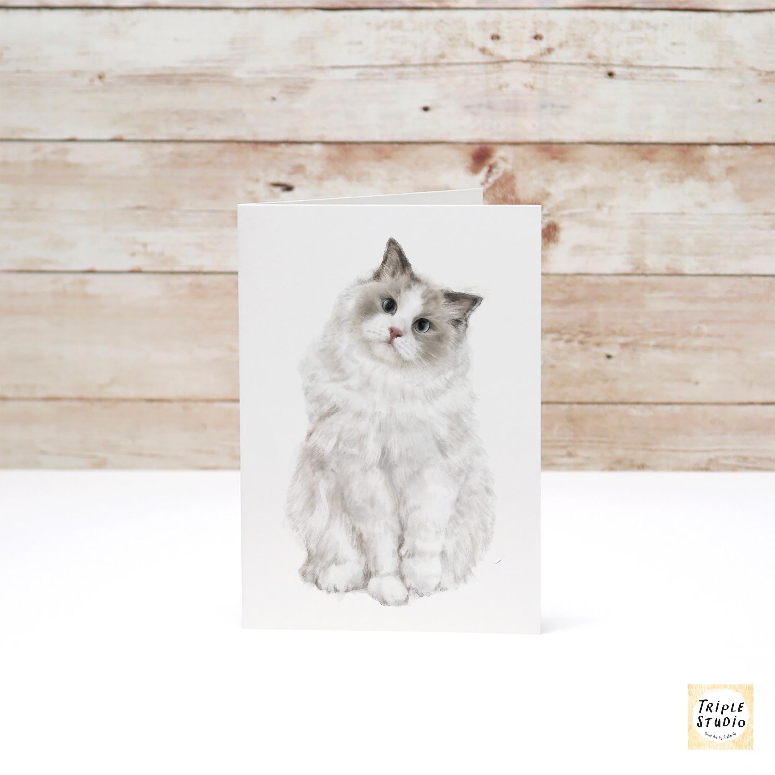 Ragdoll Cat Greeting Card – Watercolor Art Stationery, Cat Lovers, Birthday, Thank You, or All Occasion Gift – Handmade, Blank w Envelope