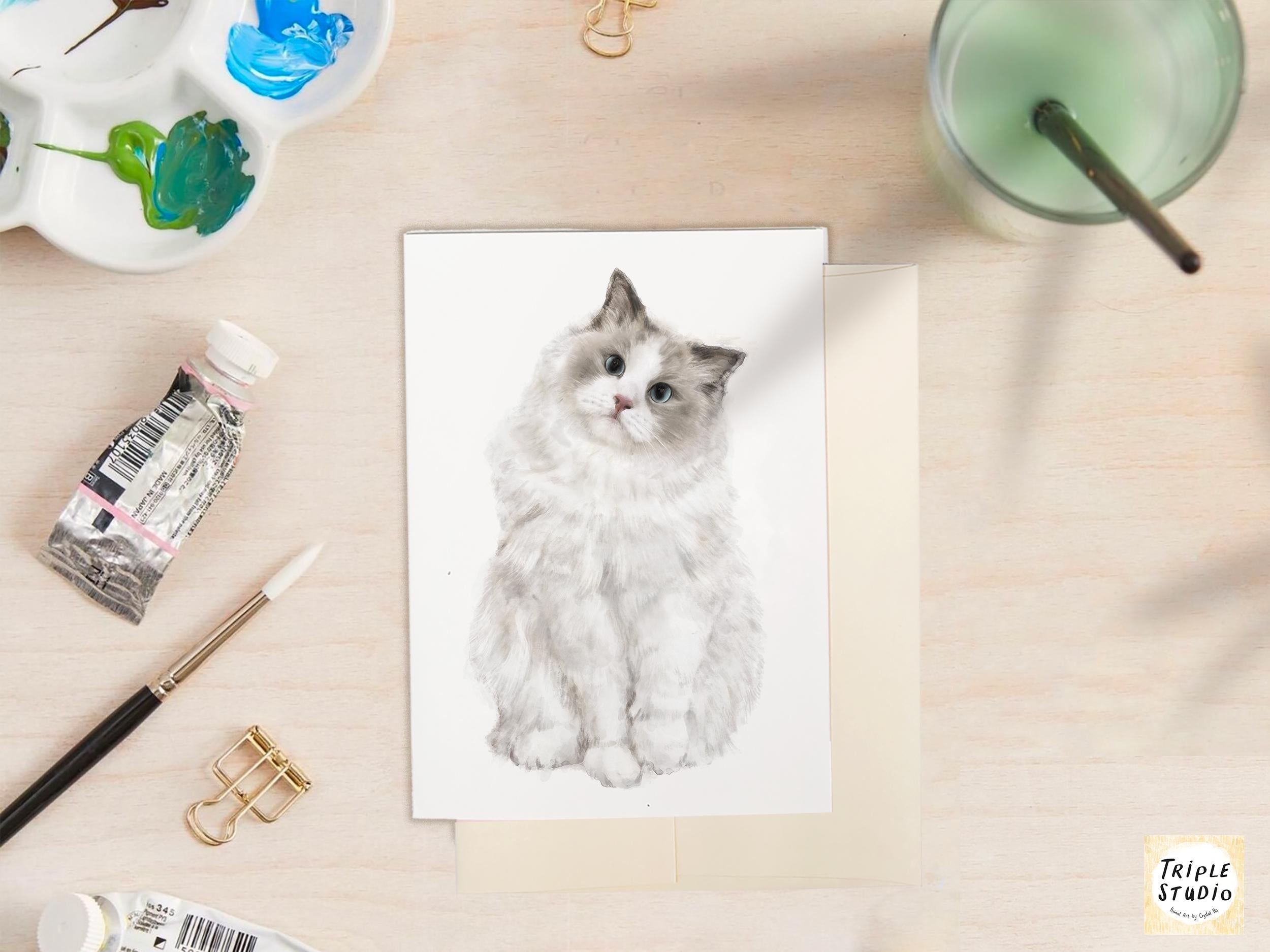 Ragdoll Cat Greeting Card – Watercolor Art Stationery, Cat Lovers, Birthday, Thank You, or All Occasion Gift – Handmade, Blank w Envelope