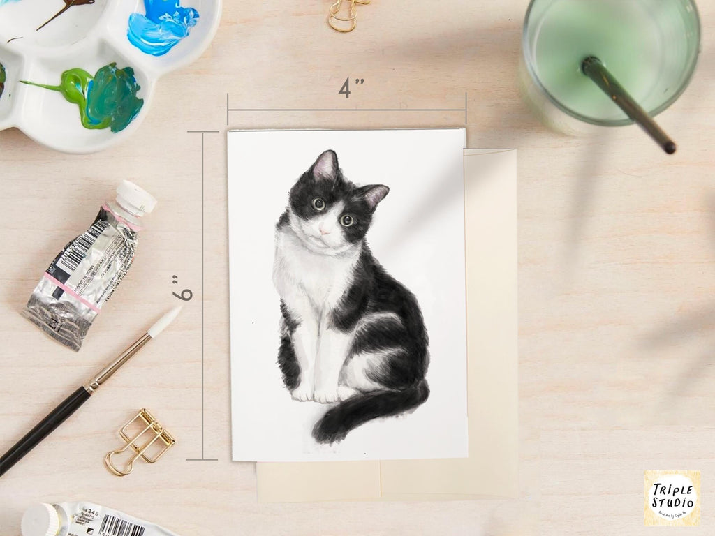Tuxedo Cat Blank Card – 4x6” Watercolor Art Print, Frameable Cat Greeting Card for Cat Lovers & Framing