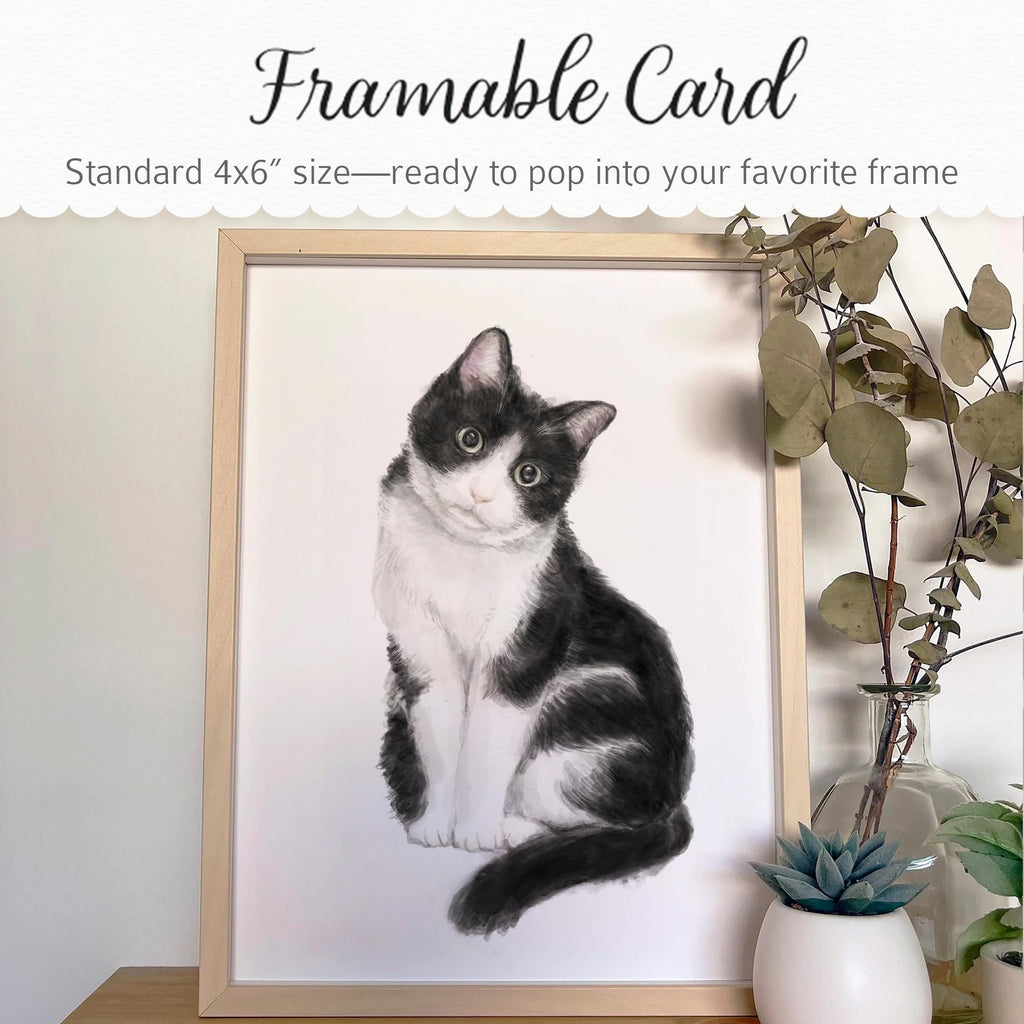 Tuxedo Cat Blank Card – 4x6” Watercolor Art Print, Frameable Cat Greeting Card for Cat Lovers & Framing