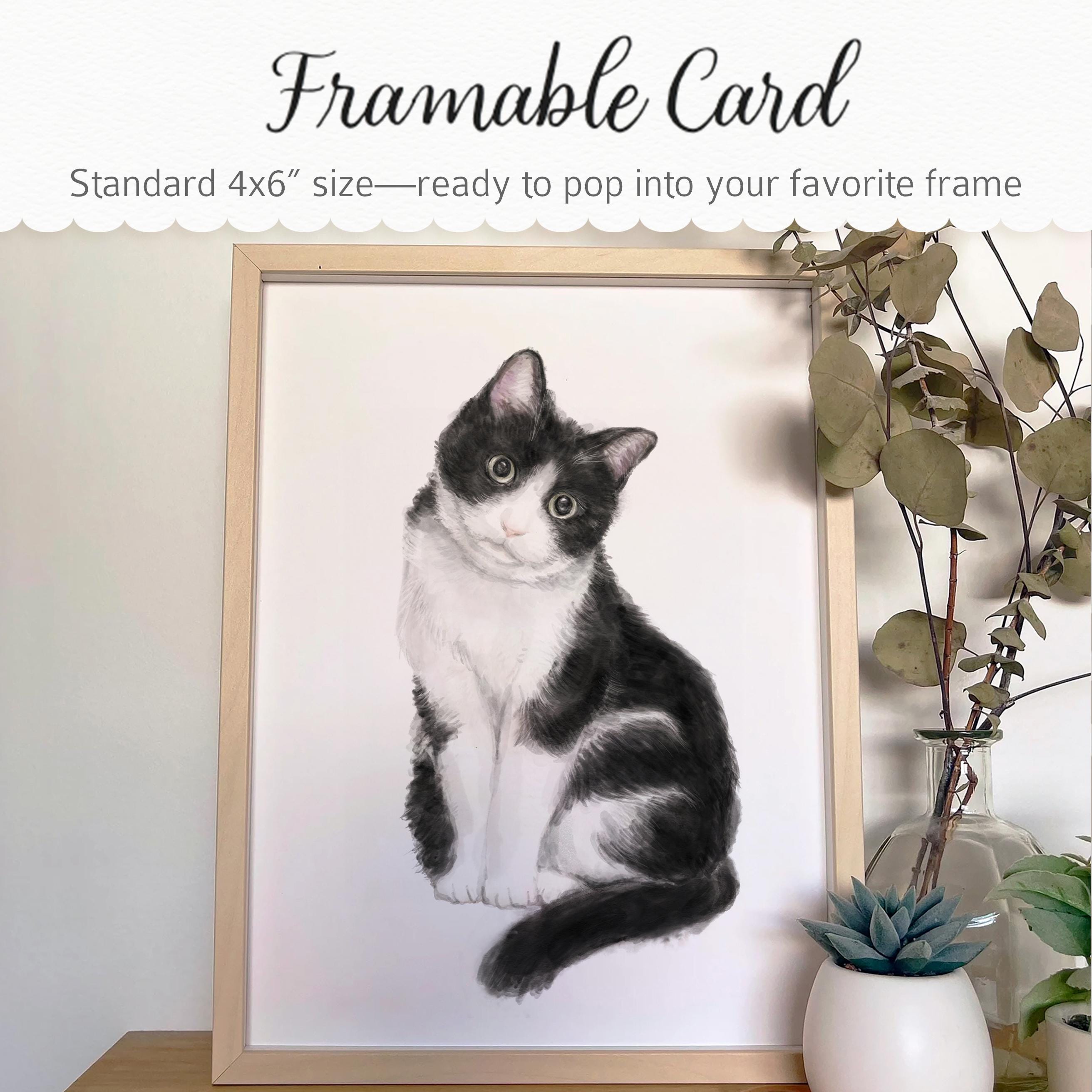 Tuxedo Cat Blank Card – 4x6” Watercolor Art Print, Frameable Cat Greeting Card for Cat Lovers & Framing