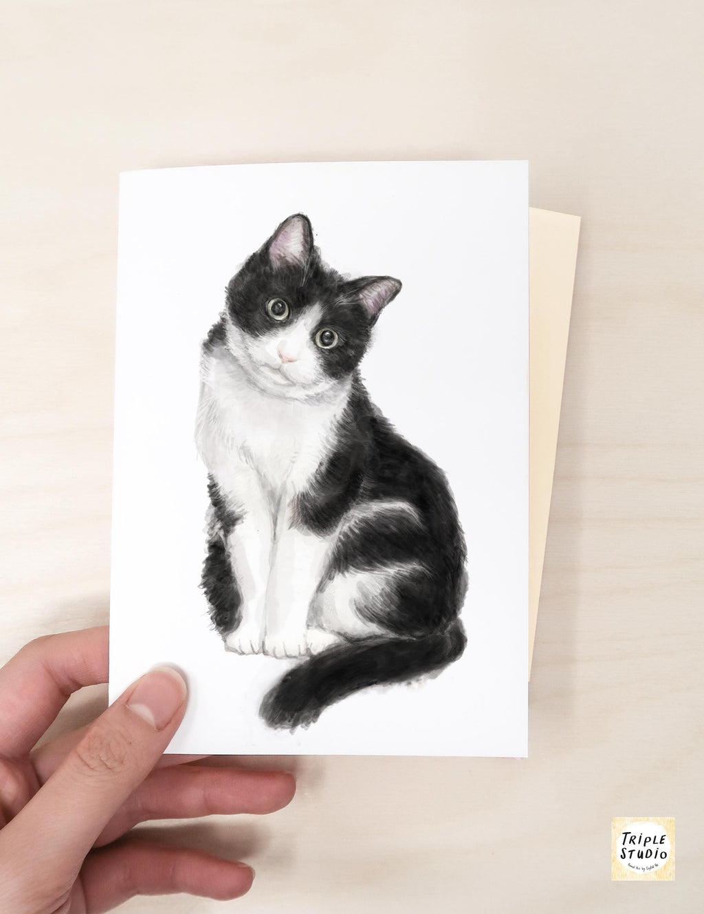 Tuxedo Cat Blank Card – 4x6” Watercolor Art Print, Frameable Cat Greeting Card for Cat Lovers & Framing