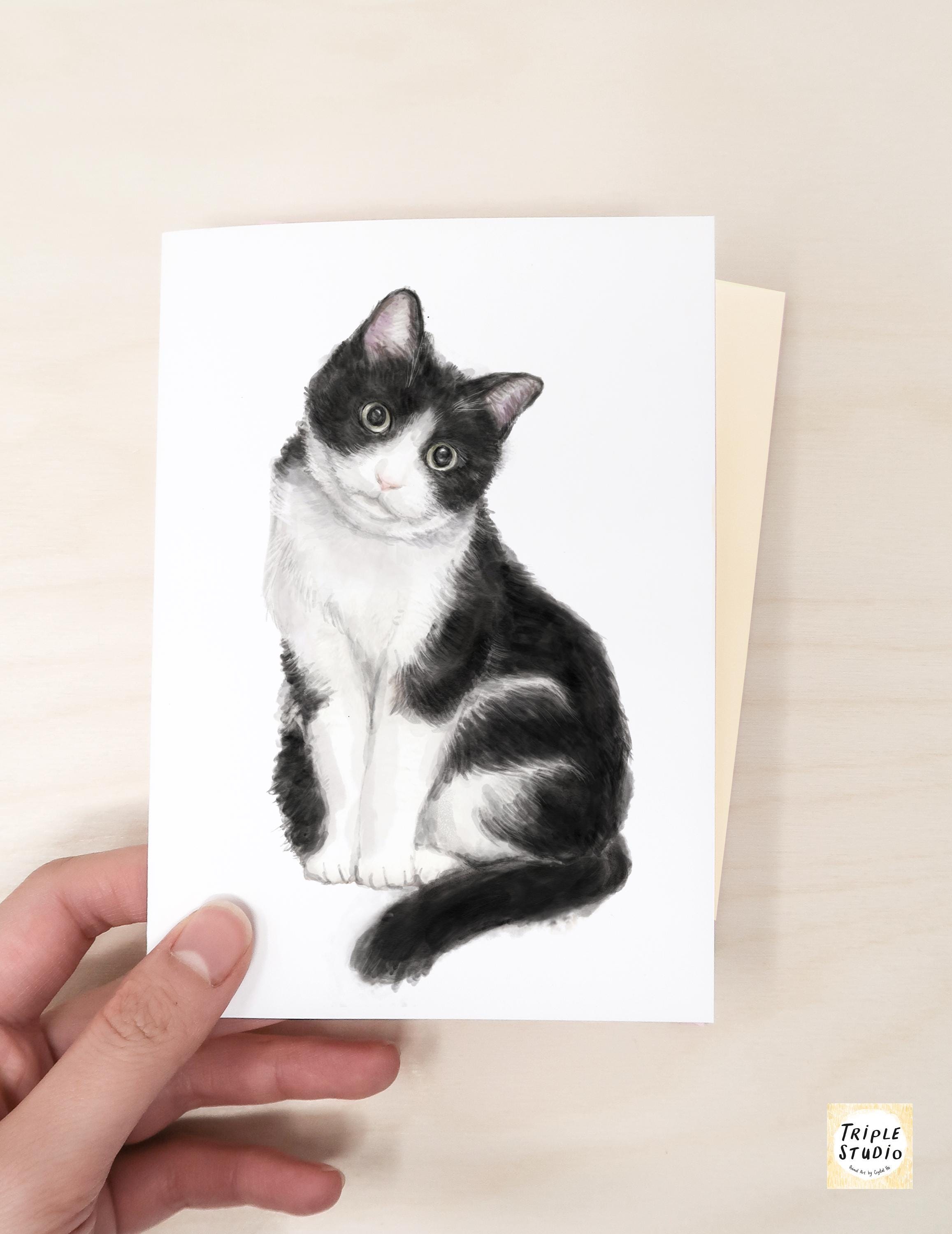 Tuxedo Cat Blank Card – 4x6” Watercolor Art Print, Frameable Cat Greeting Card for Cat Lovers & Framing