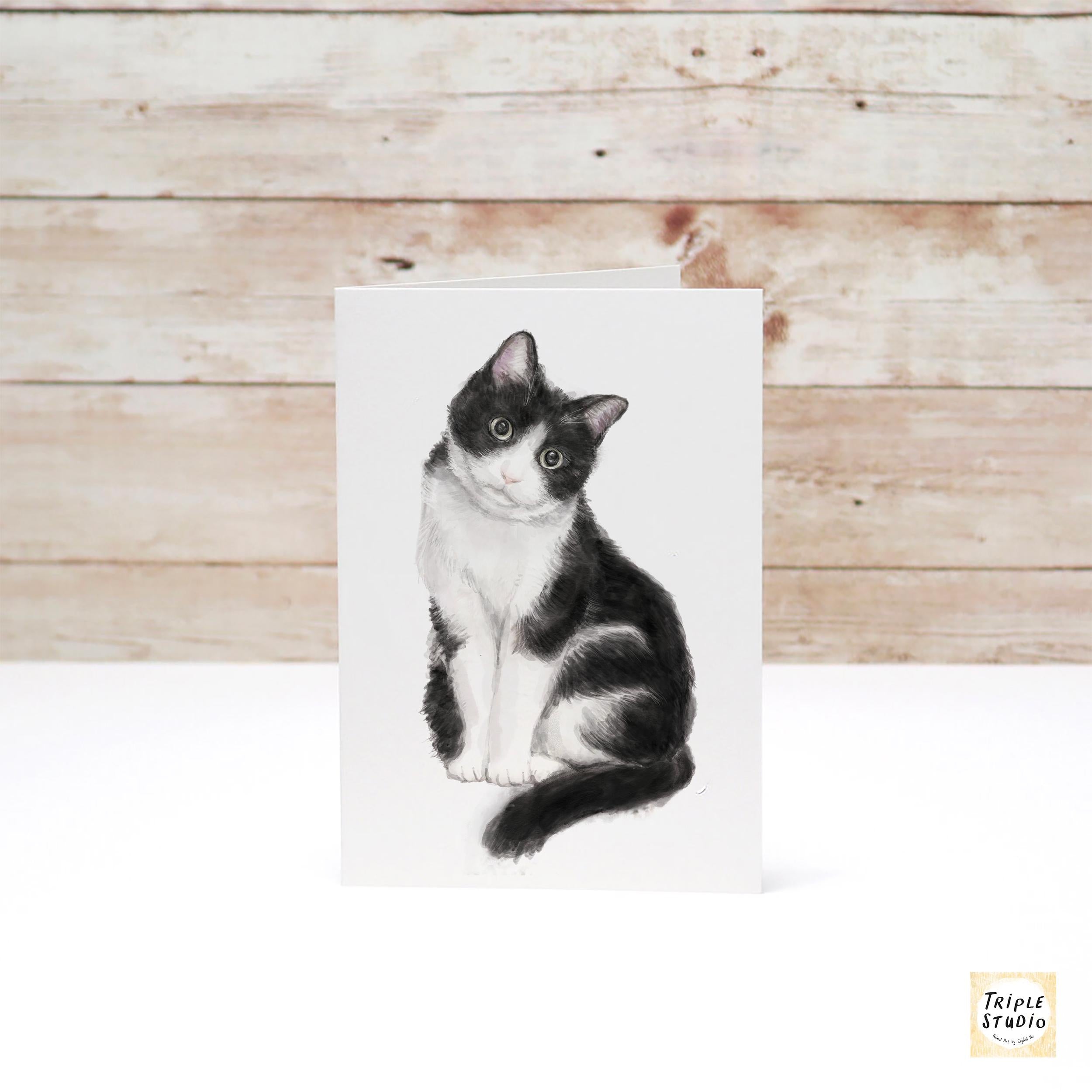 Tuxedo Cat Blank Card – 4x6” Watercolor Art Print, Frameable Cat Greeting Card for Cat Lovers & Framing
