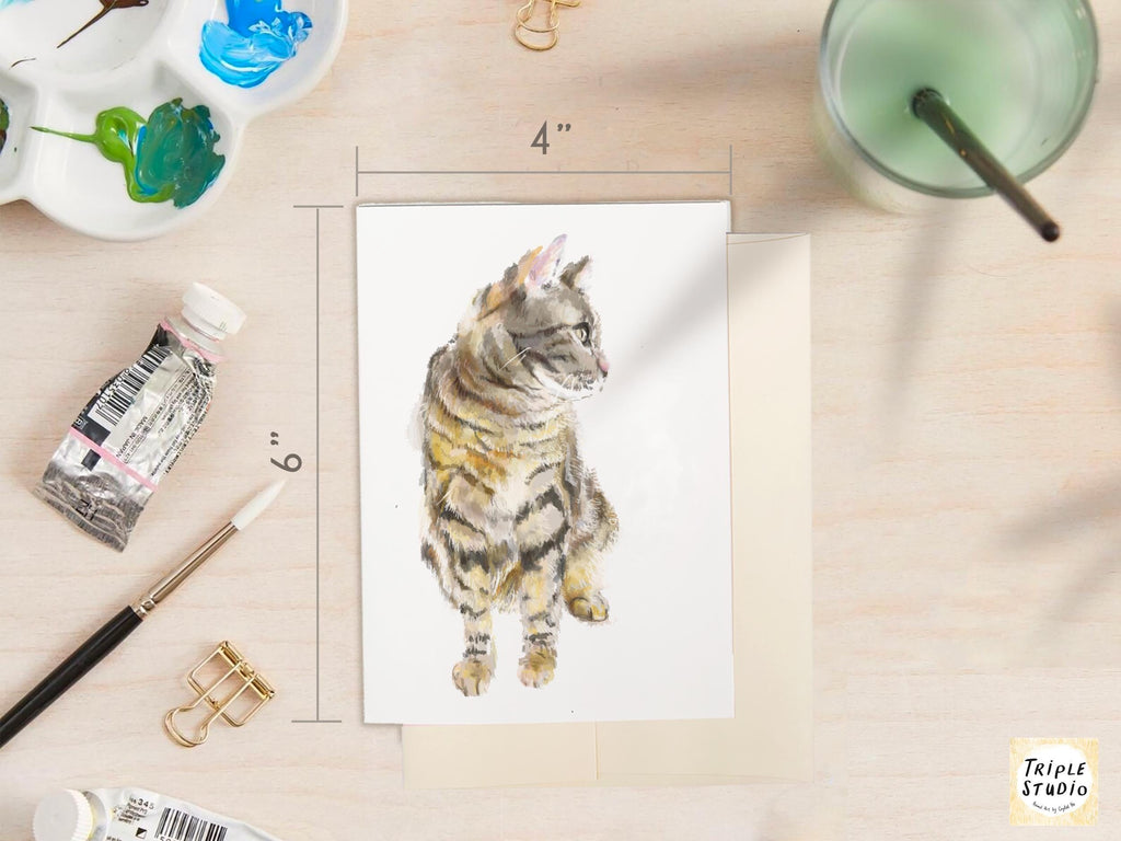 Grey Tabby Cat Blank Card – 4x6” Watercolor Art Print, Frameable Greeting Card for Cat Lovers