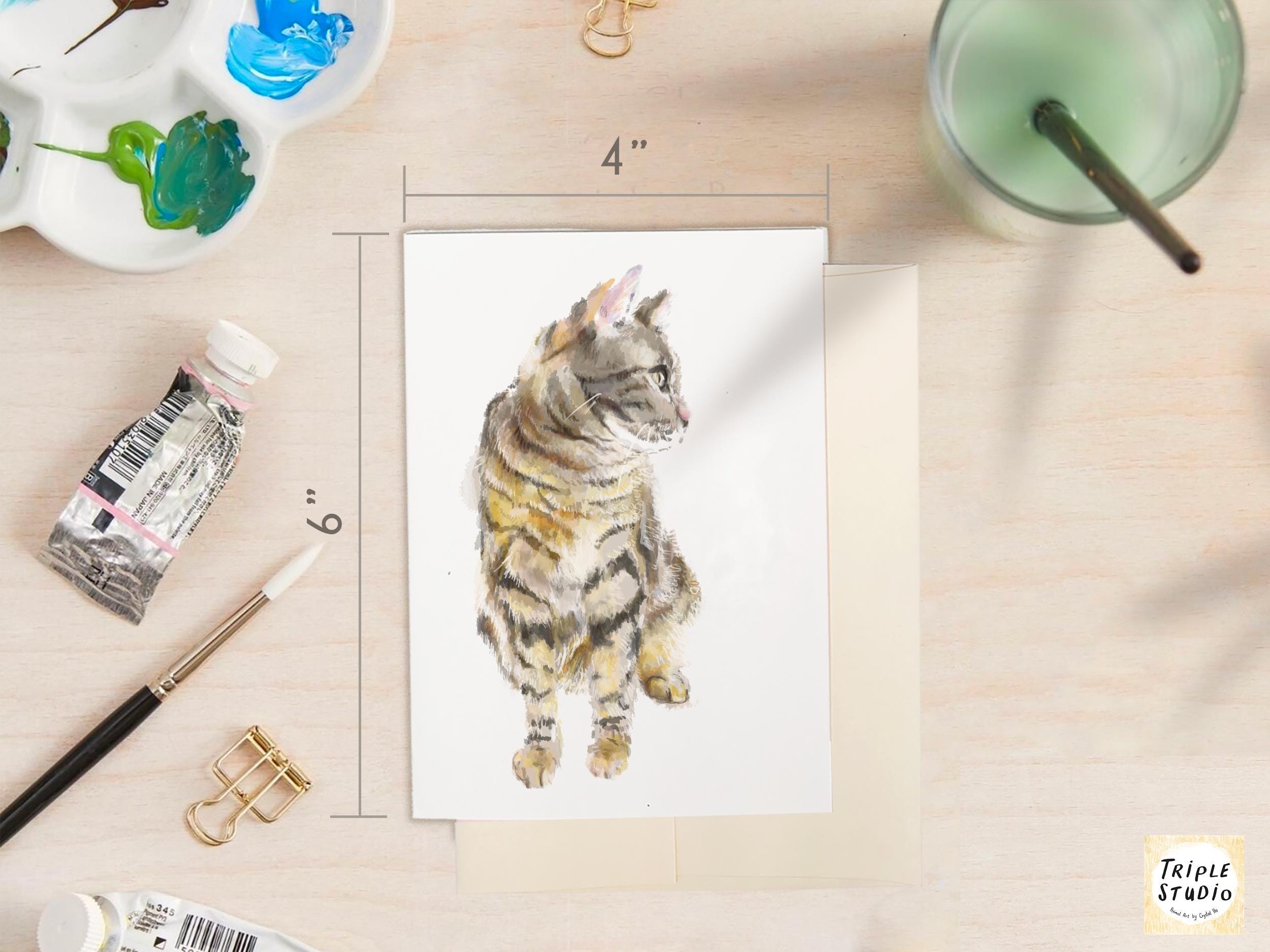 Grey Tabby Cat Blank Card – 4x6” Watercolor Art Print, Frameable Greeting Card for Cat Lovers