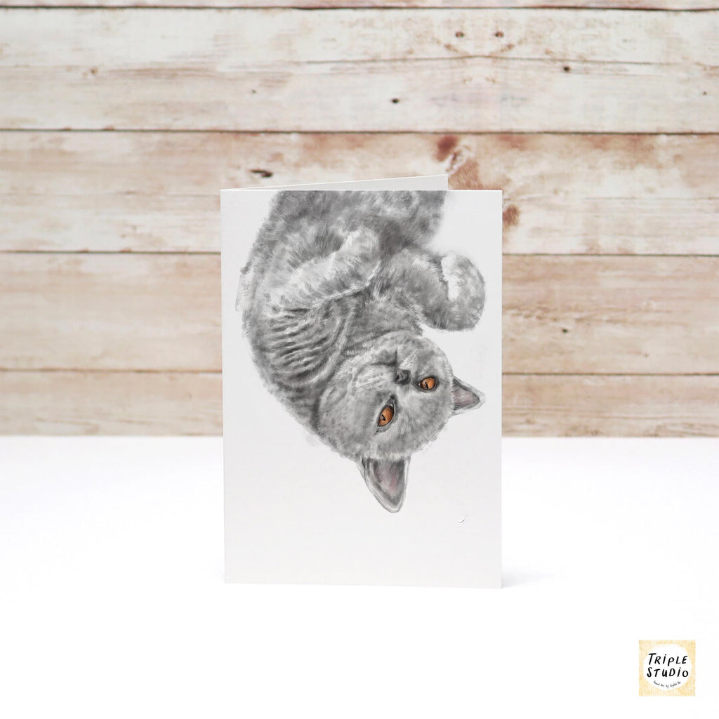 Grey Shorthair Cat Blank Card – 4x6” Watercolor Art Print, Frameable Greeting Card for Cat Lovers