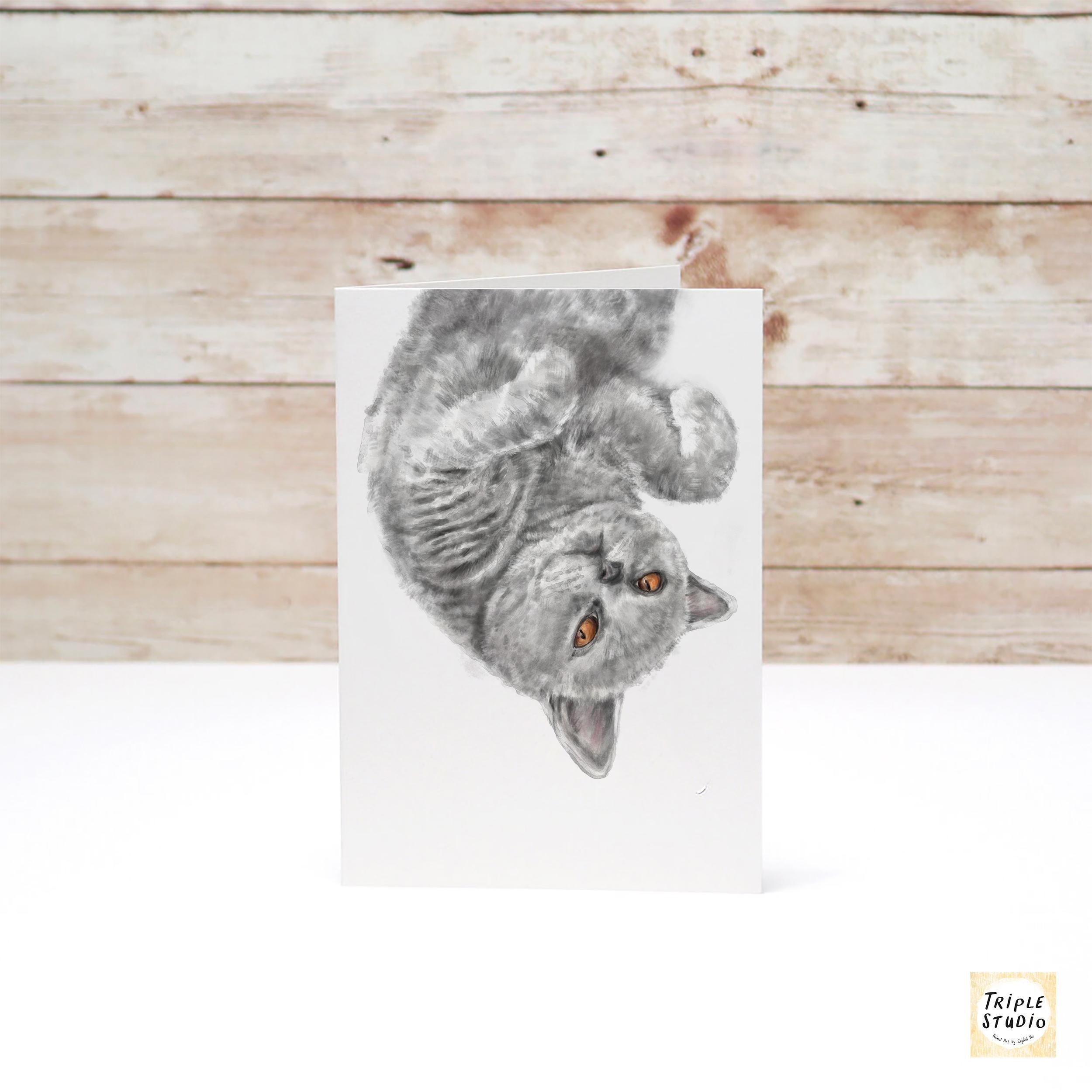 Grey Shorthair Cat Blank Card – 4x6” Watercolor Art Print, Frameable Greeting Card for Cat Lovers