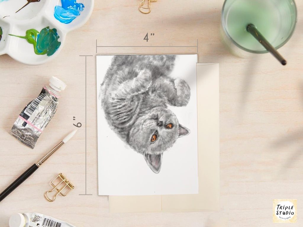 Grey Shorthair Cat Blank Card – 4x6” Watercolor Art Print, Frameable Greeting Card for Cat Lovers