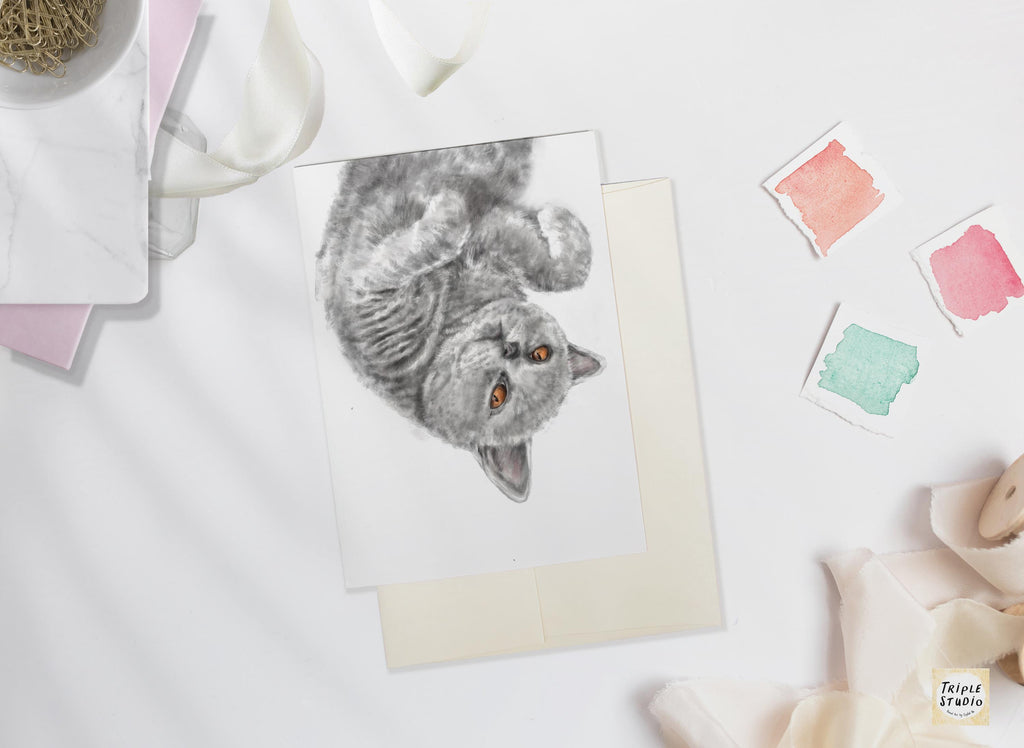 Grey Shorthair Cat Blank Card – 4x6” Watercolor Art Print, Frameable Greeting Card for Cat Lovers