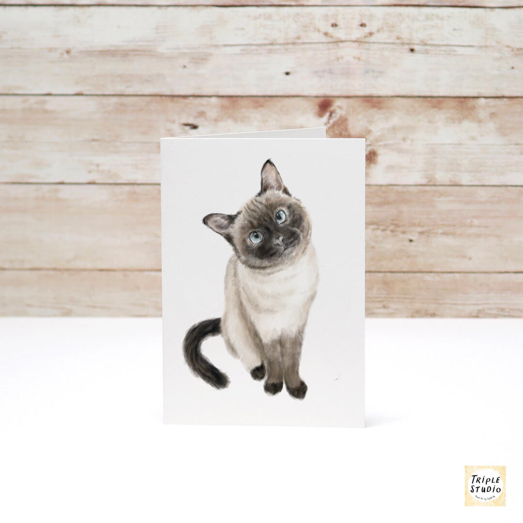 Siamese Cat Greeting Card – 4x6” Blank Note Card, Frameable Watercolor Cat Art Print