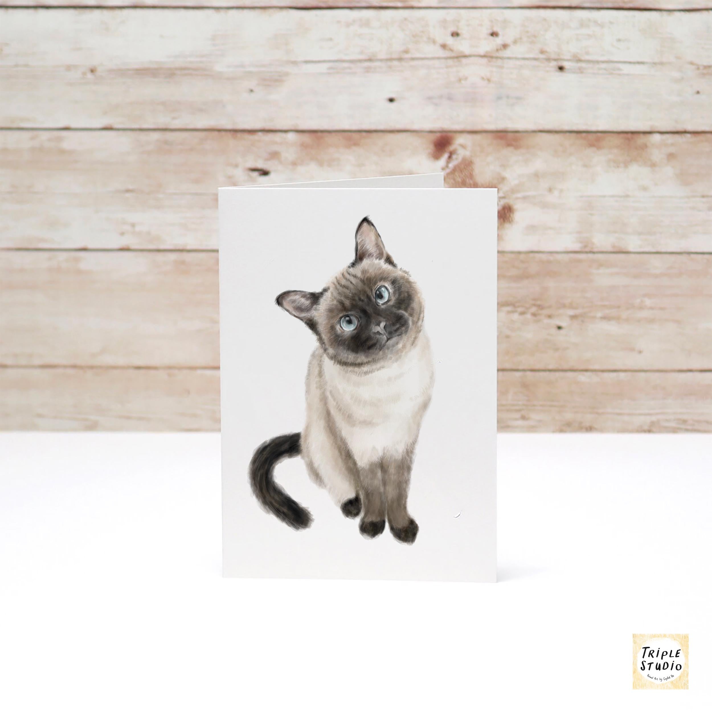 Siamese Cat Greeting Card – 4x6” Blank Note Card, Frameable Watercolor Cat Art Print