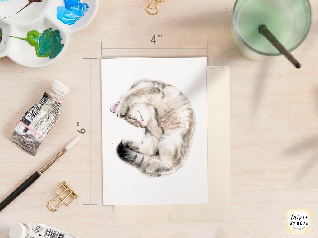 Cute Cuddly Cat Greeting Card – 4x6” Blank Note Card, Frameable Watercolor Cat Art Print