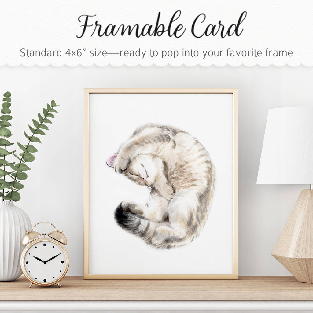 Cute Cuddly Cat Greeting Card – 4x6” Blank Note Card, Frameable Watercolor Cat Art Print