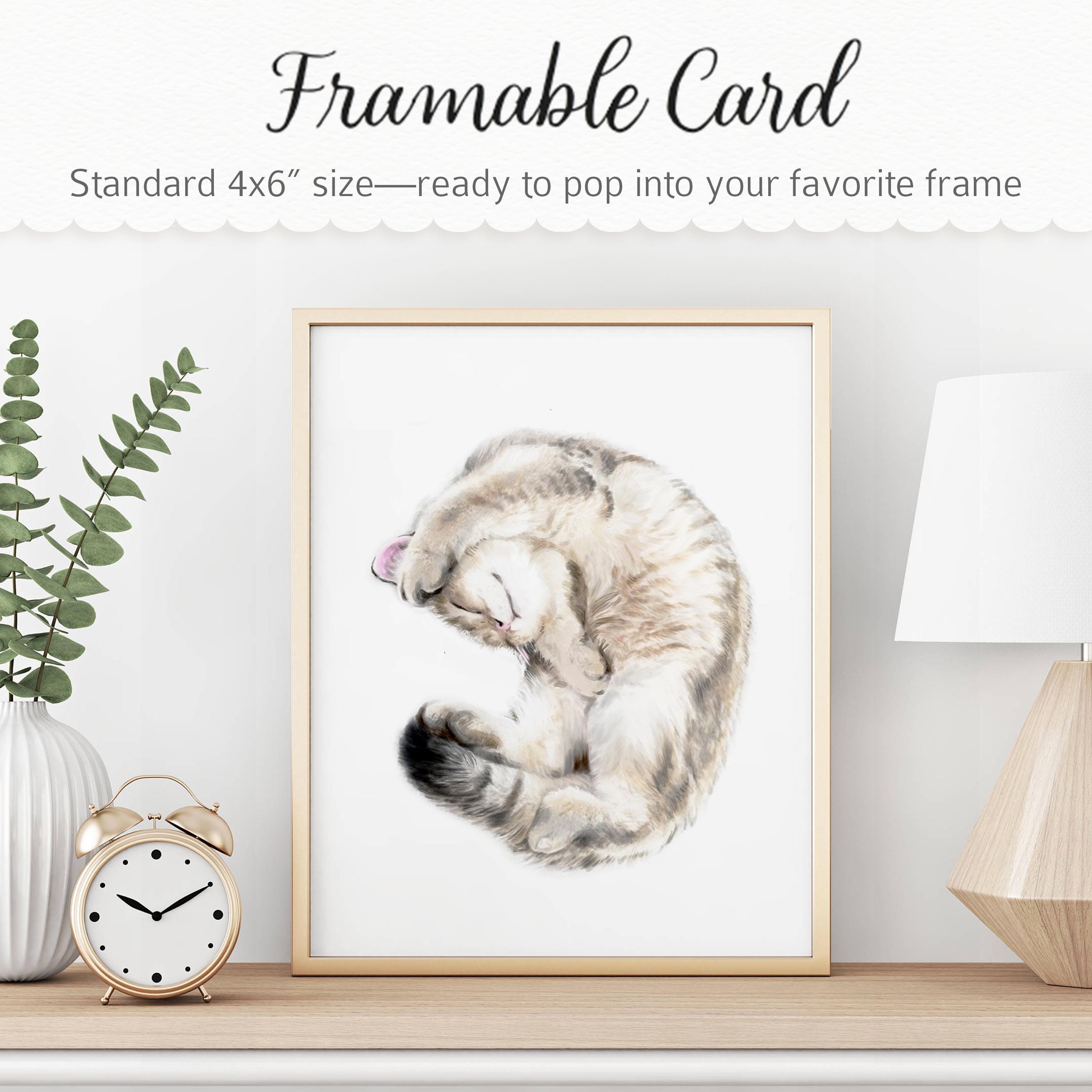 Cute Cuddly Cat Greeting Card – 4x6” Blank Note Card, Frameable Watercolor Cat Art Print