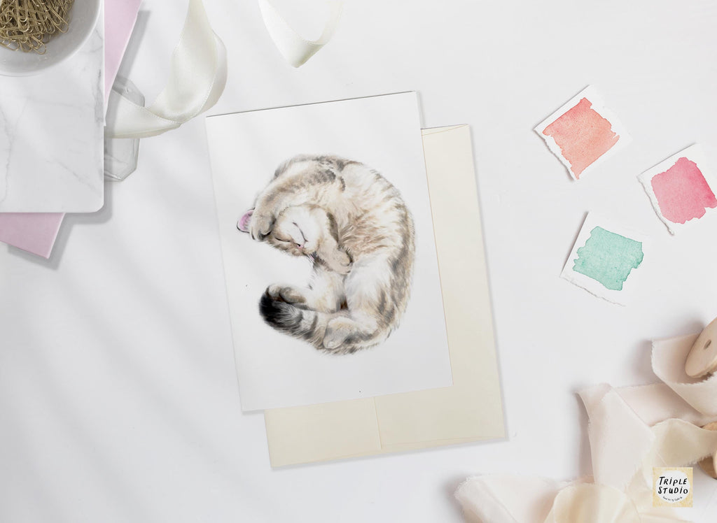 Cute Cuddly Cat Greeting Card – 4x6” Blank Note Card, Frameable Watercolor Cat Art Print