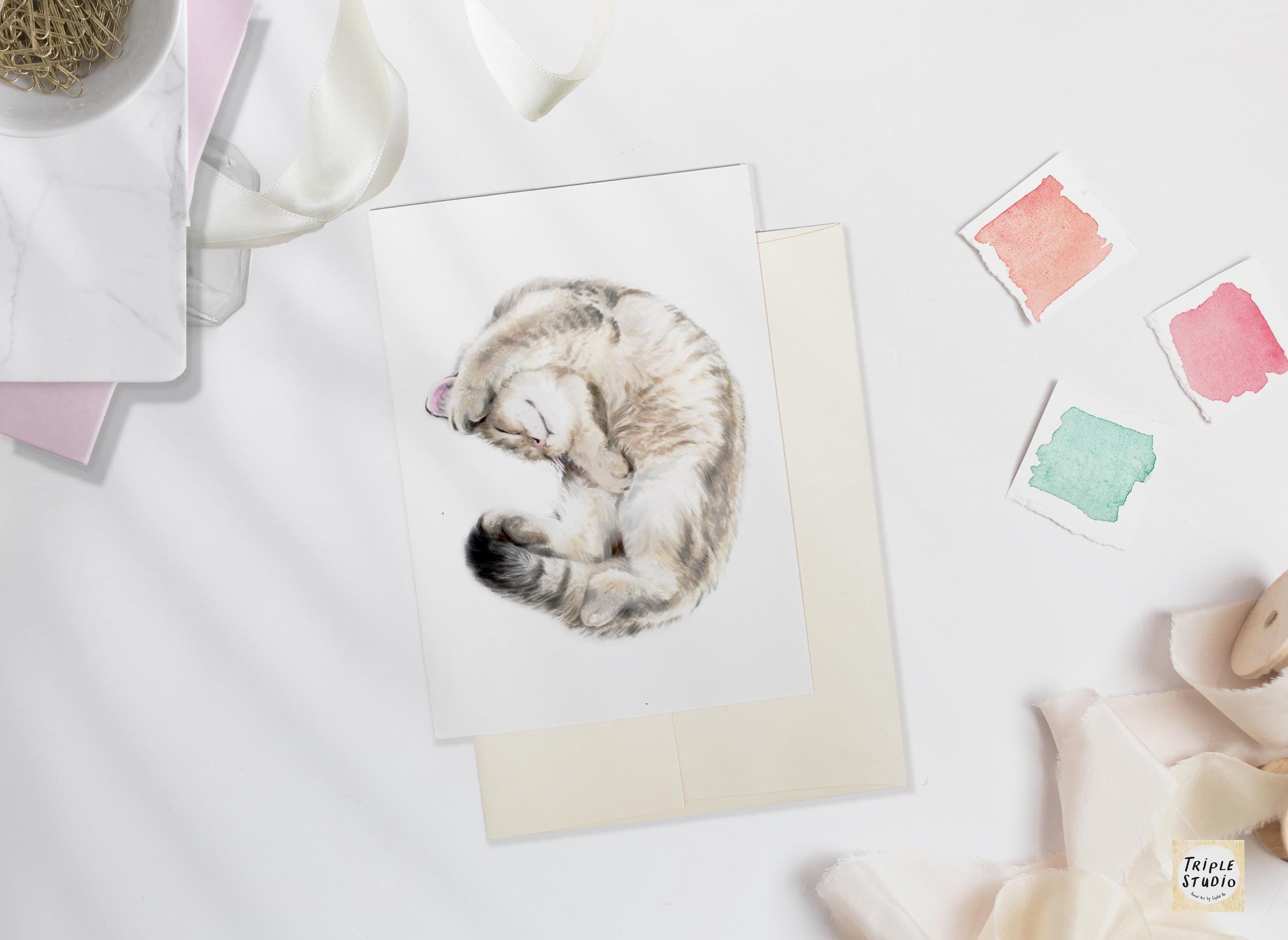 Cute Cuddly Cat Greeting Card – 4x6” Blank Note Card, Frameable Watercolor Cat Art Print