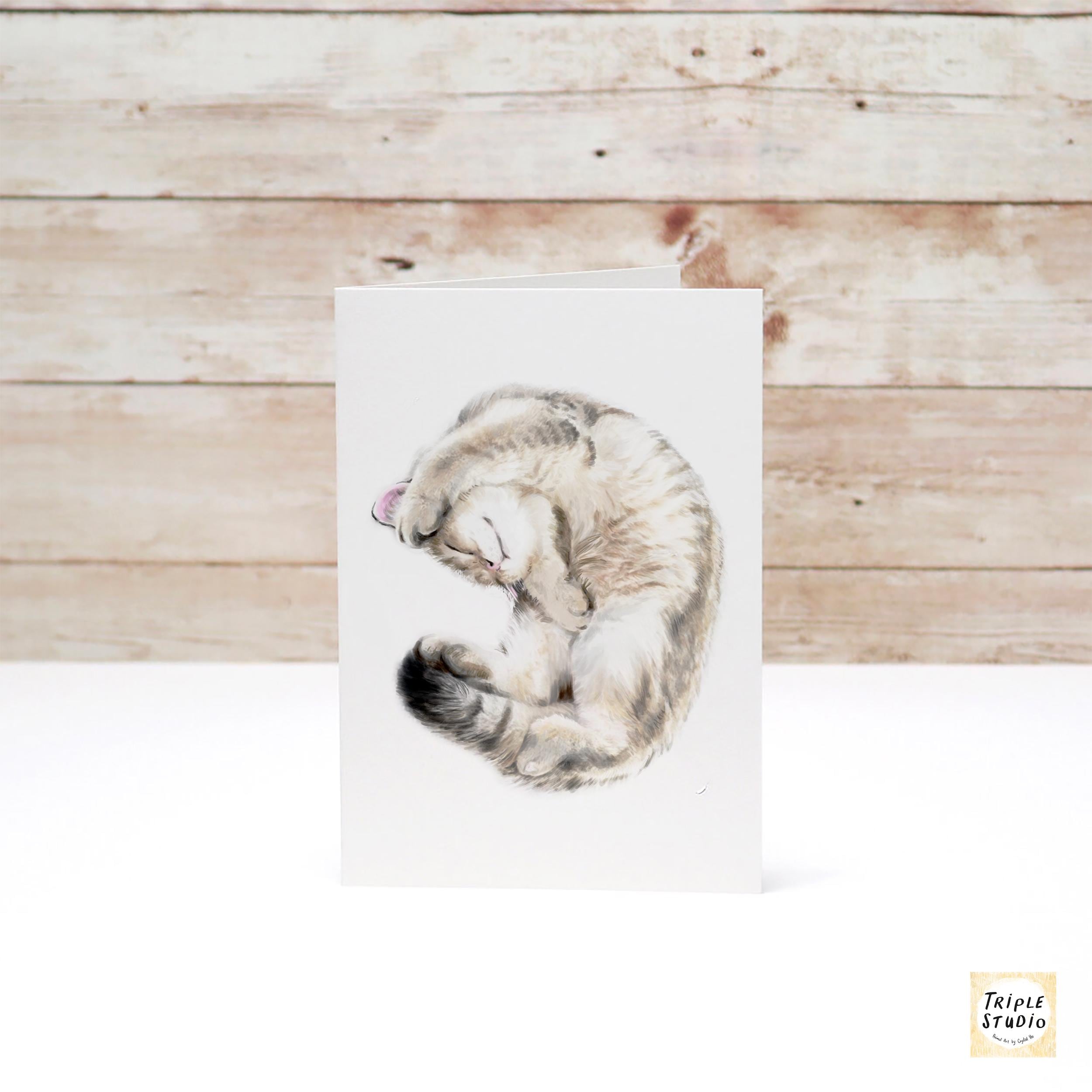 Cute Cuddly Cat Greeting Card – 4x6” Blank Note Card, Frameable Watercolor Cat Art Print