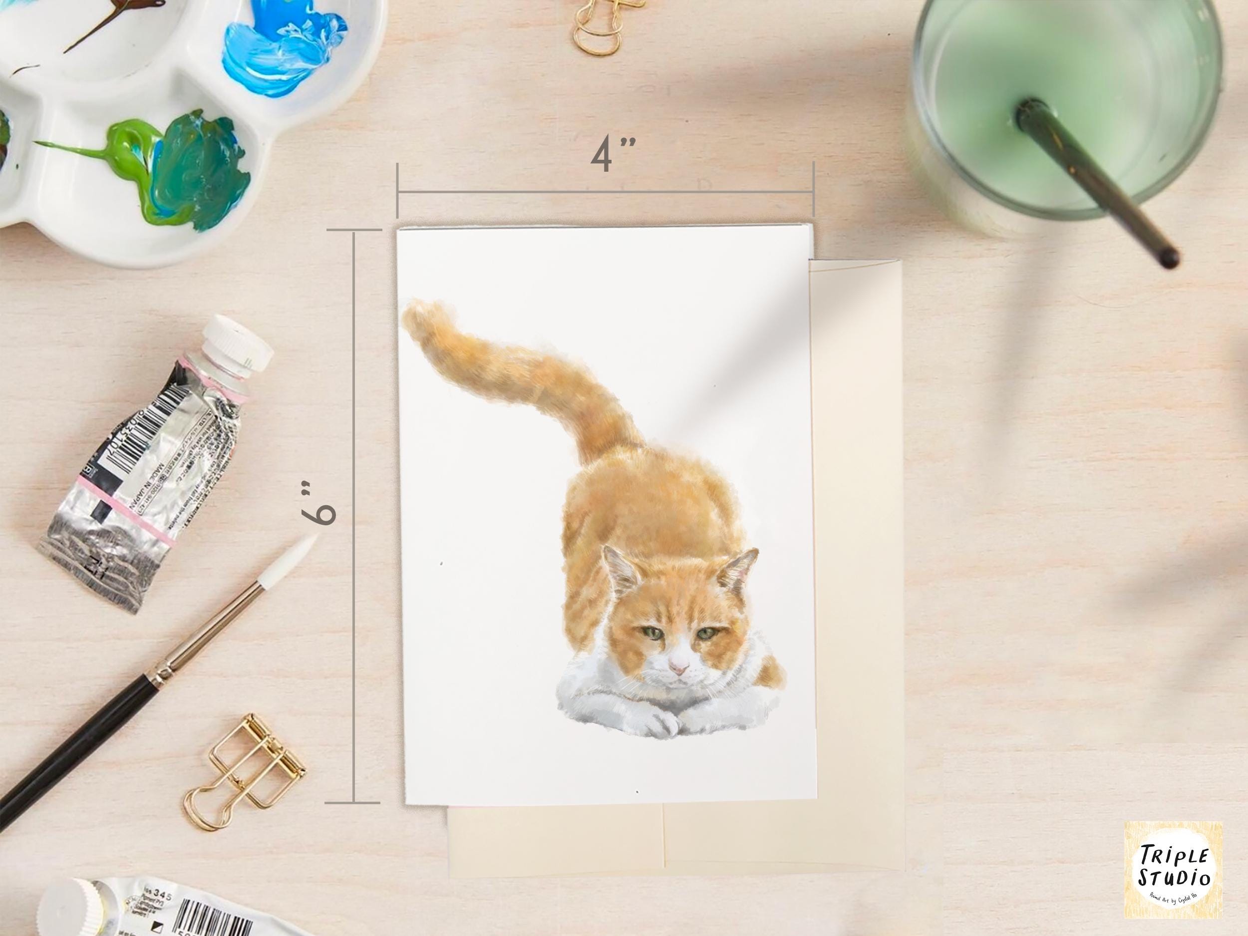 Orange Cat Greeting Card – 4x6” Blank Note Card, Frameable Watercolor Cat Art Print