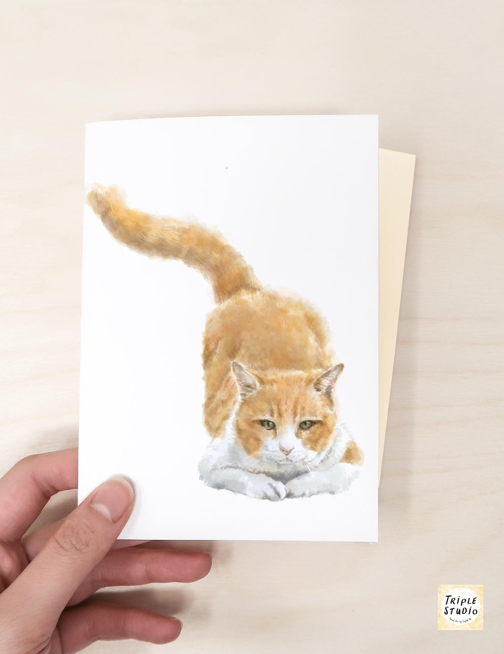 Orange Cat Greeting Card – 4x6” Blank Note Card, Frameable Watercolor Cat Art Print