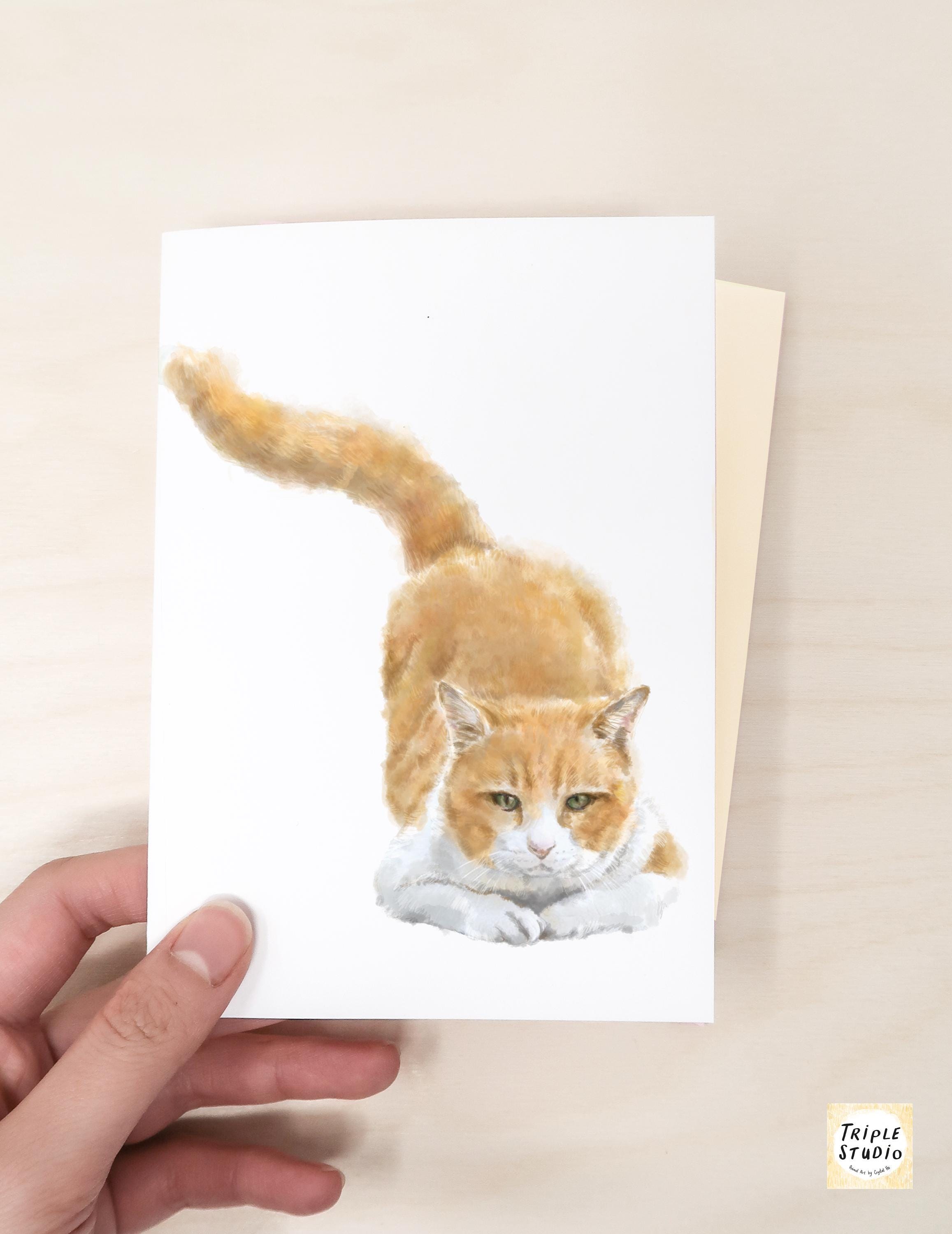 Orange Cat Greeting Card – 4x6” Blank Note Card, Frameable Watercolor Cat Art Print