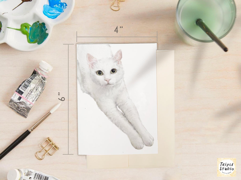 White Cat Greeting Card – 4x6” Blank Note Card, Frameable Watercolor Cat Art Print
