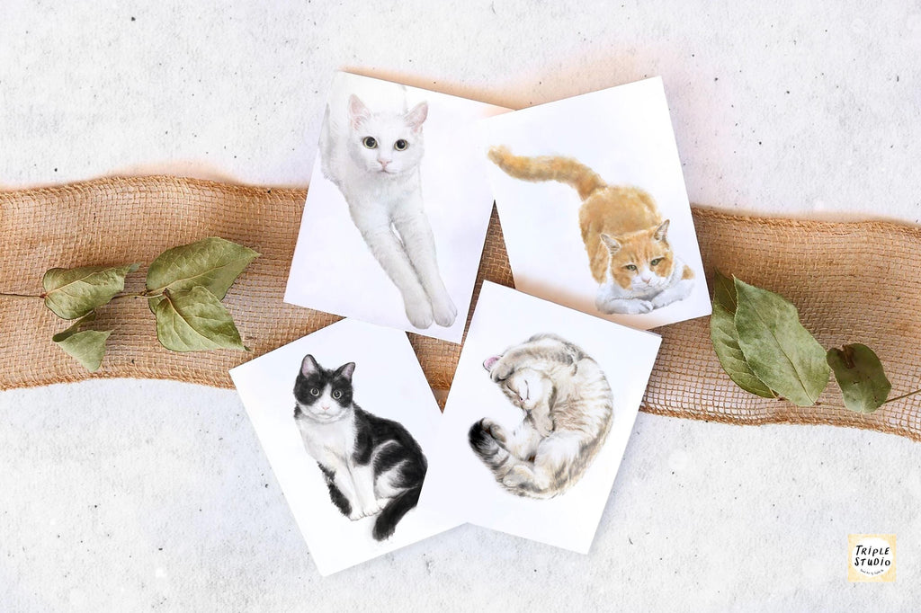 White Cat Greeting Card – 4x6” Blank Note Card, Frameable Watercolor Cat Art Print
