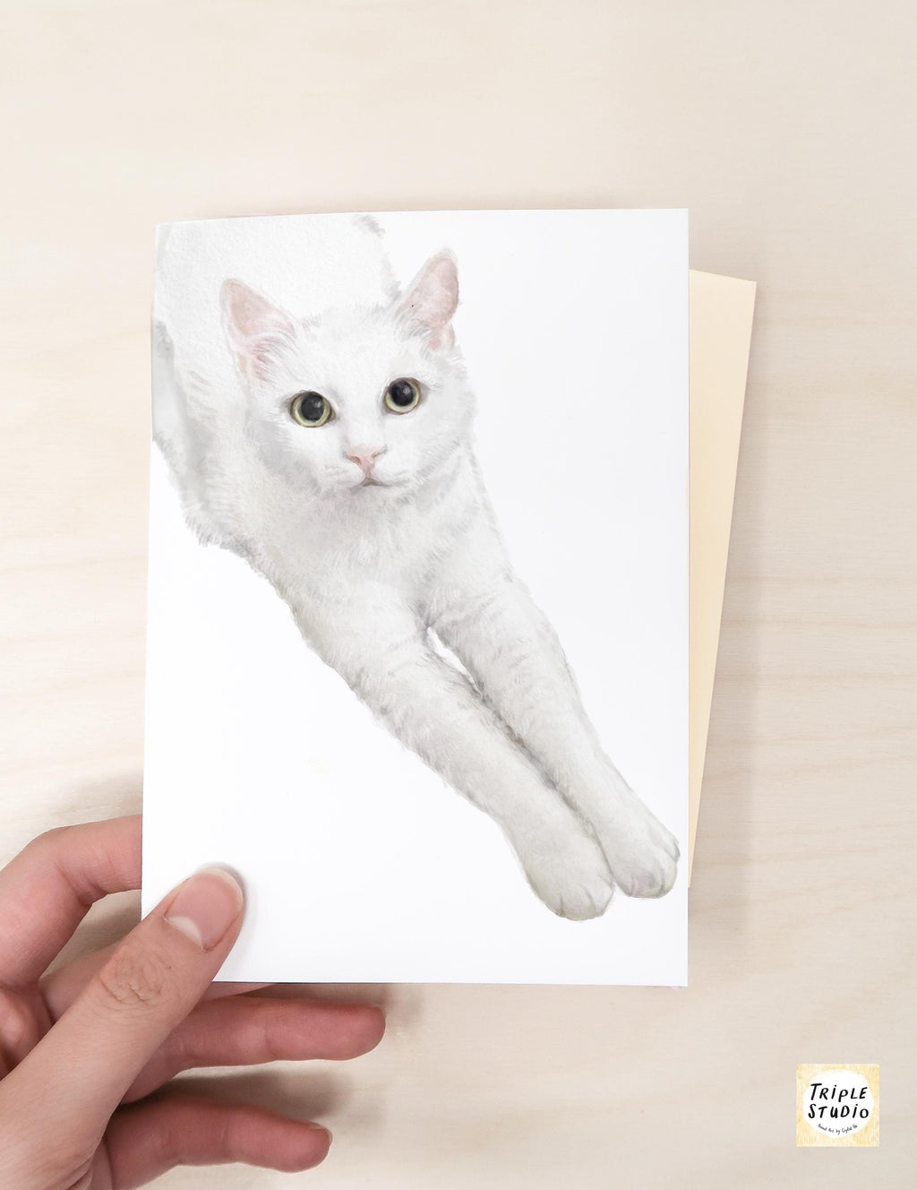 White Cat Greeting Card – 4x6” Blank Note Card, Frameable Watercolor Cat Art Print