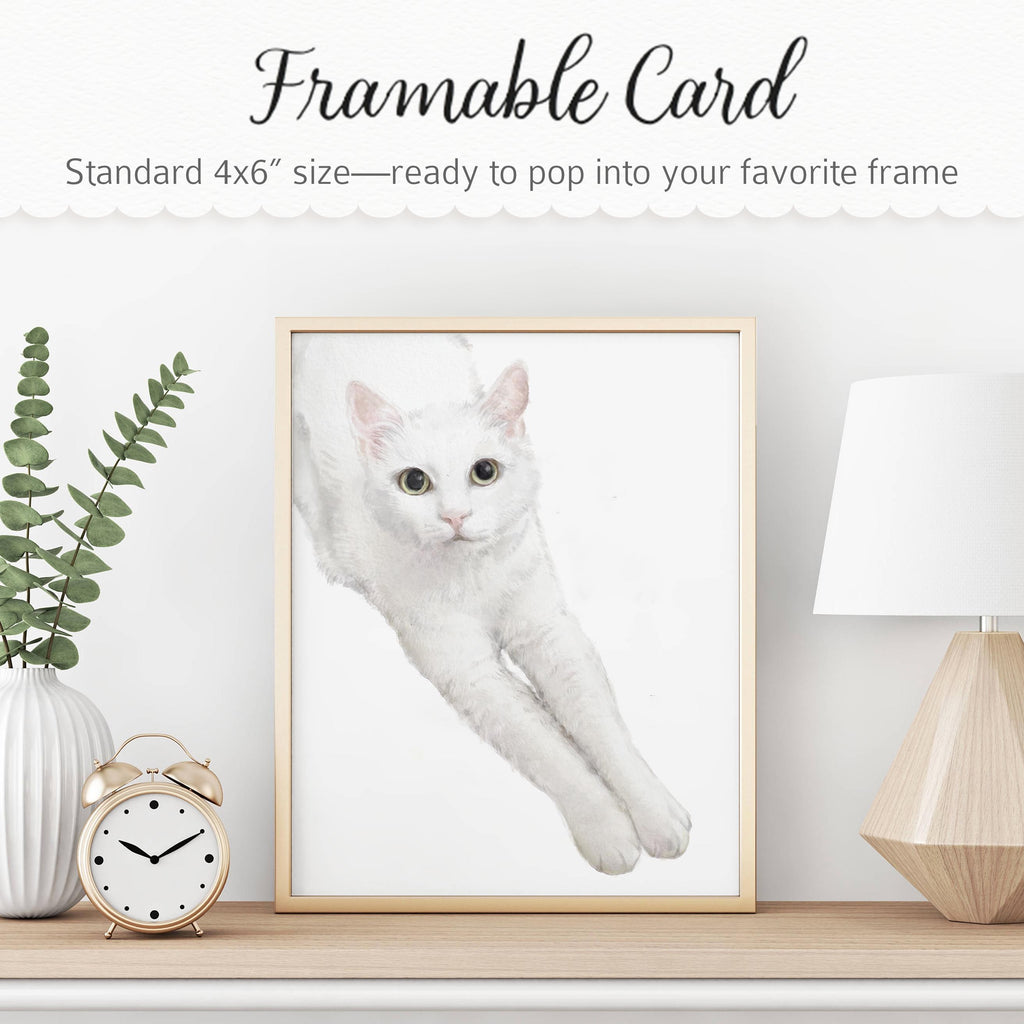 White Cat Greeting Card – 4x6” Blank Note Card, Frameable Watercolor Cat Art Print