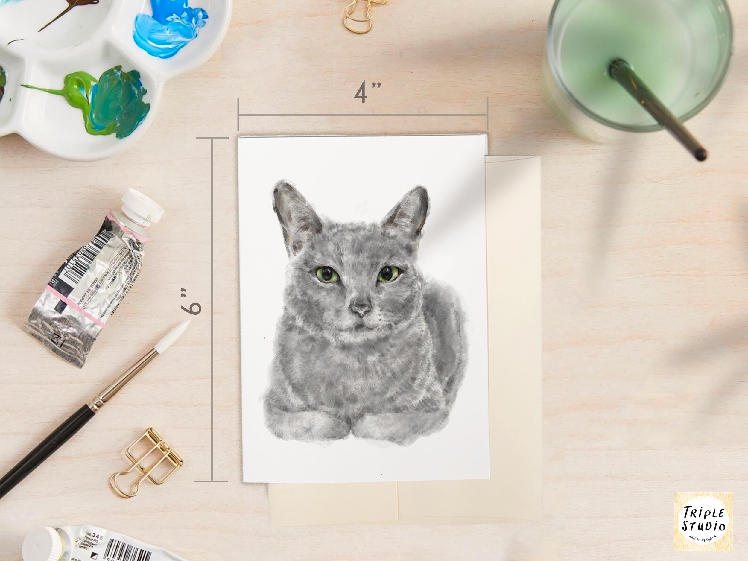 Take it Slow Greeting Card – Gray Cat Blank Note Card, Frameable Watercolor Grey Cat 4x6" Art Print, Mindfulness Encouragement Stationery
