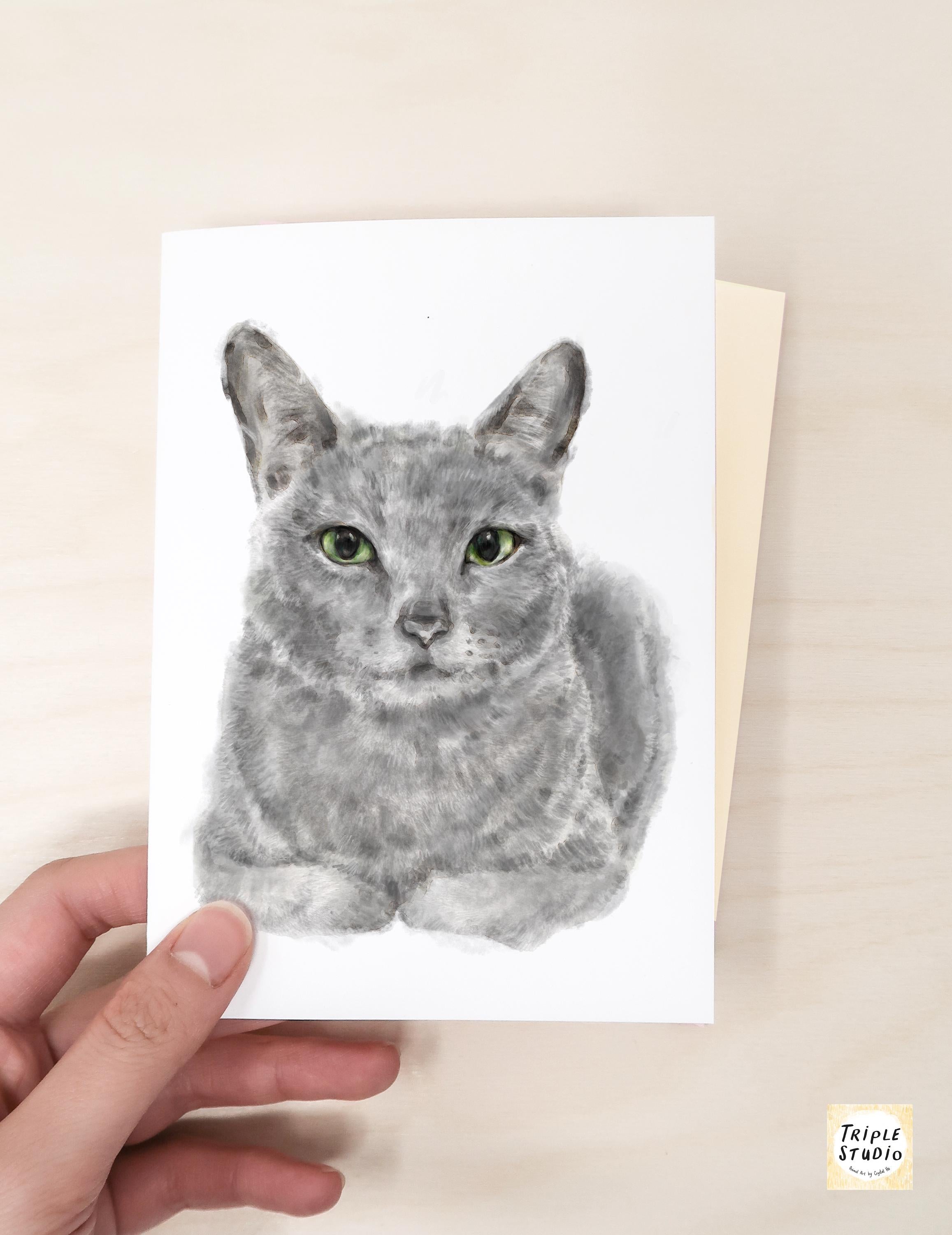 Take it Slow Greeting Card – Gray Cat Blank Note Card, Frameable Watercolor Grey Cat 4x6" Art Print, Mindfulness Encouragement Stationery