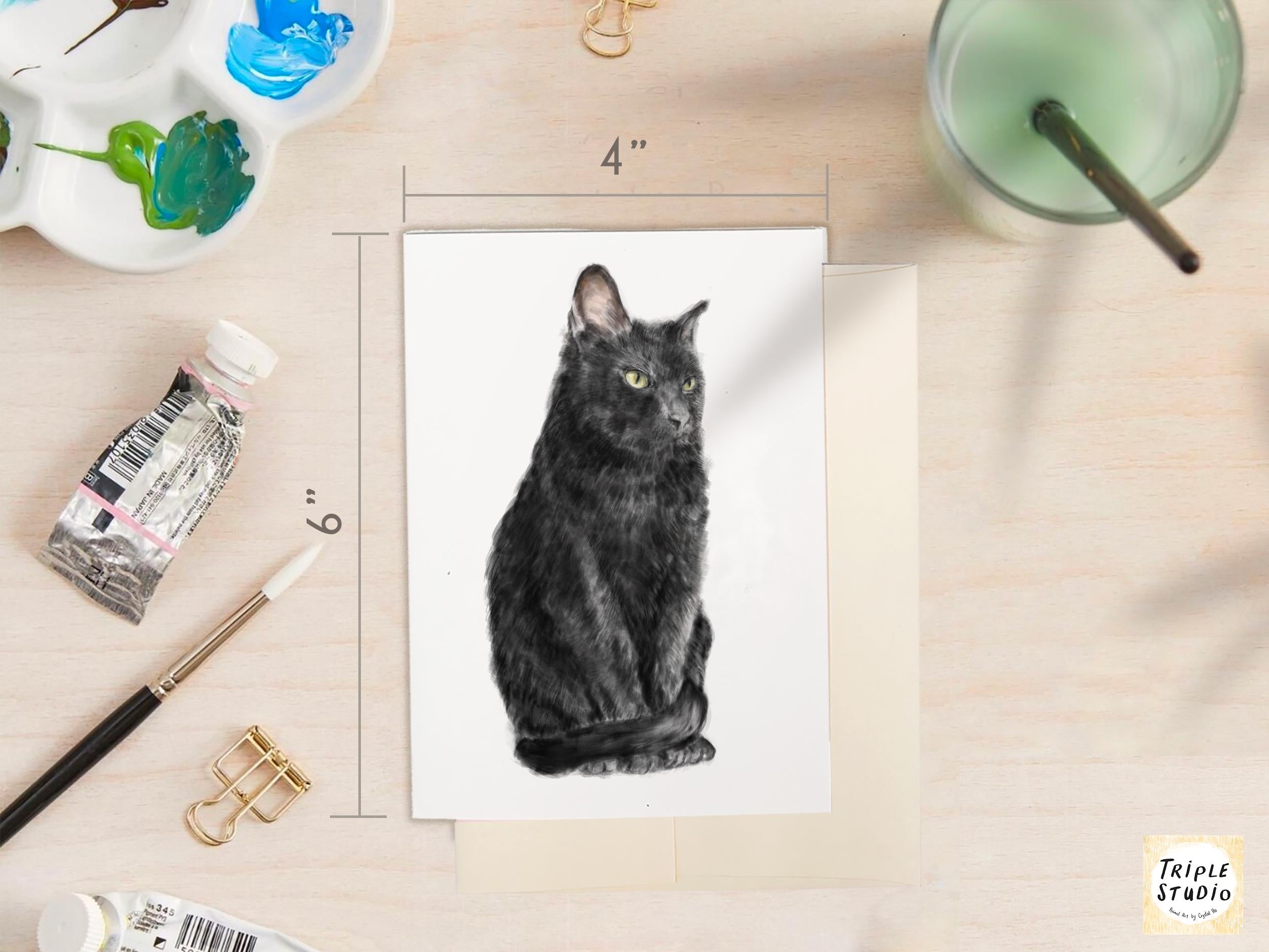 Black Cat Blank Card – 4x6” Watercolor Art Print, Frameable Greeting Card for Cat Lovers