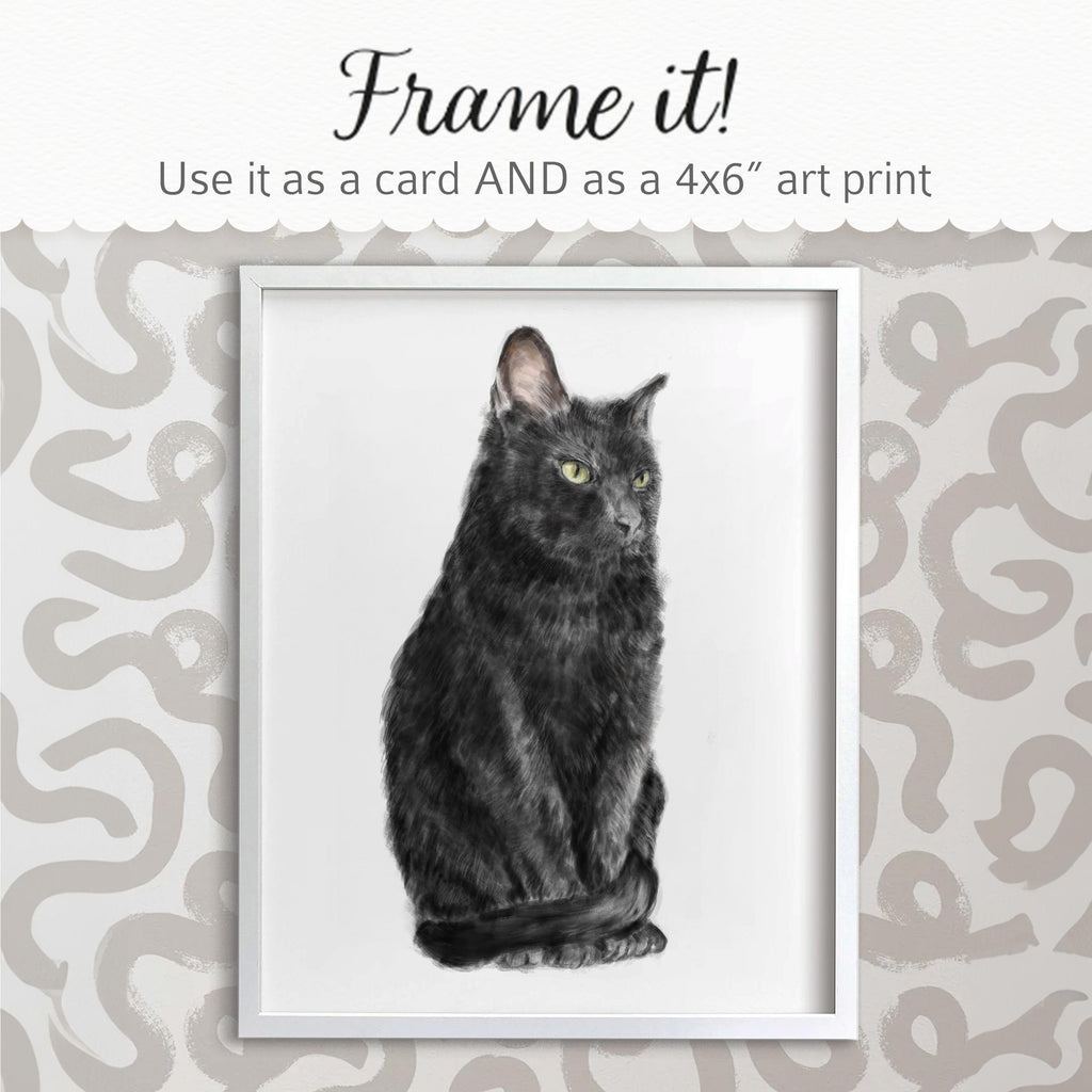 Black Cat Blank Card – 4x6” Watercolor Art Print, Frameable Greeting Card for Cat Lovers