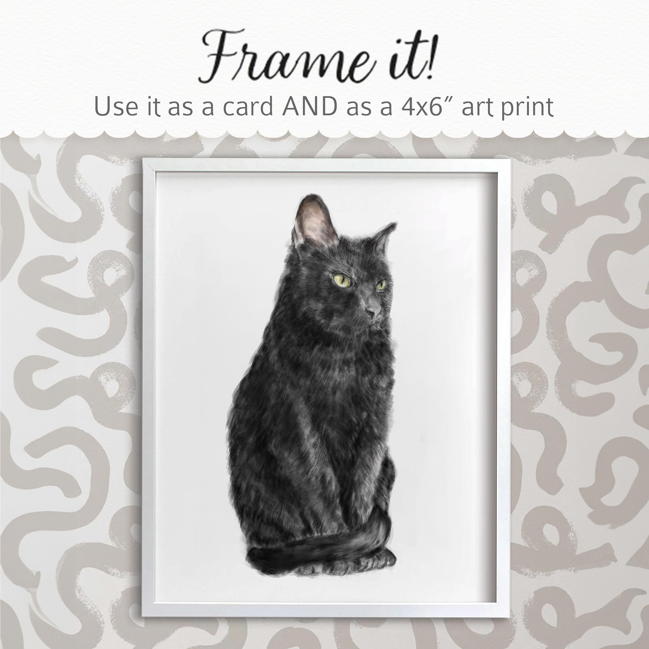 Black Cat Blank Card – 4x6” Watercolor Art Print, Frameable Greeting Card for Cat Lovers