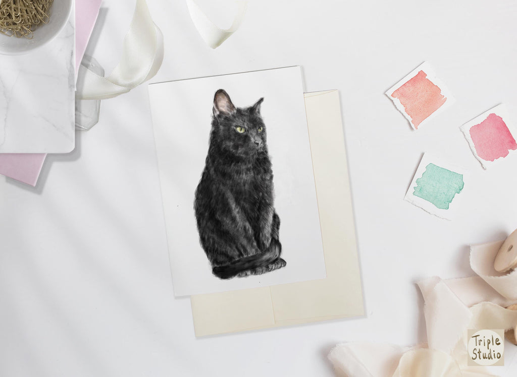 Black Cat Blank Card – 4x6” Watercolor Art Print, Frameable Greeting Card for Cat Lovers