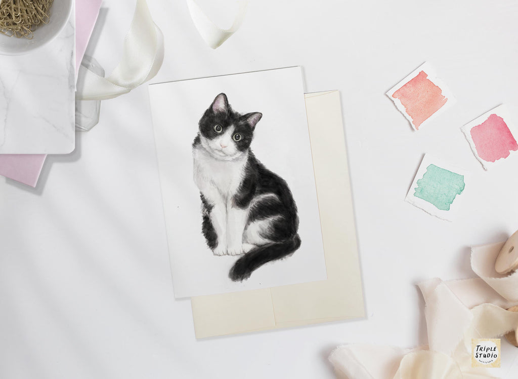 Tuxedo Cat Blank Card – 4x6” Watercolor Art Print, Frameable Cat Greeting Card for Cat Lovers & Framing