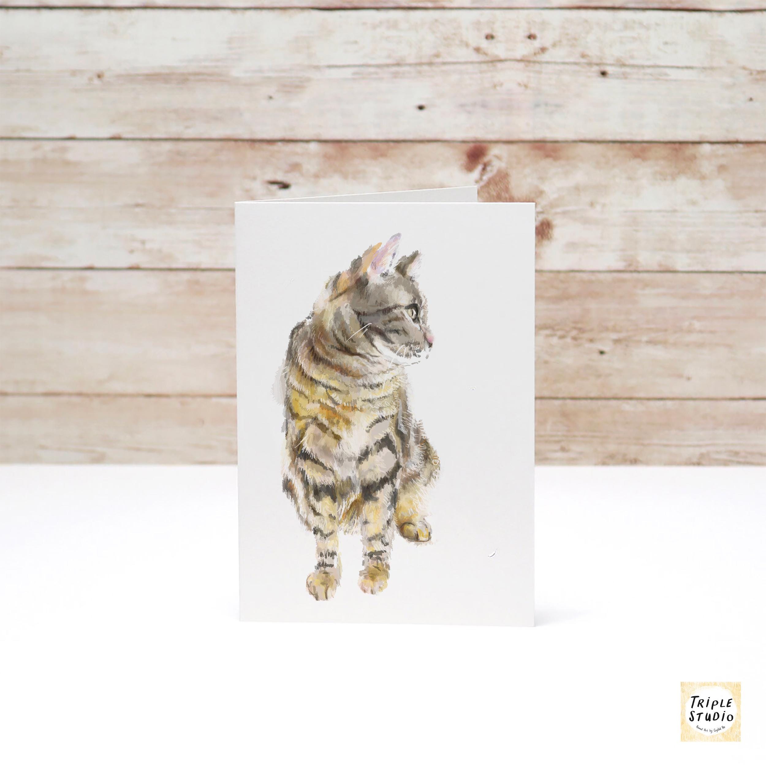 Grey Tabby Cat Blank Card – 4x6” Watercolor Art Print, Frameable Greeting Card for Cat Lovers
