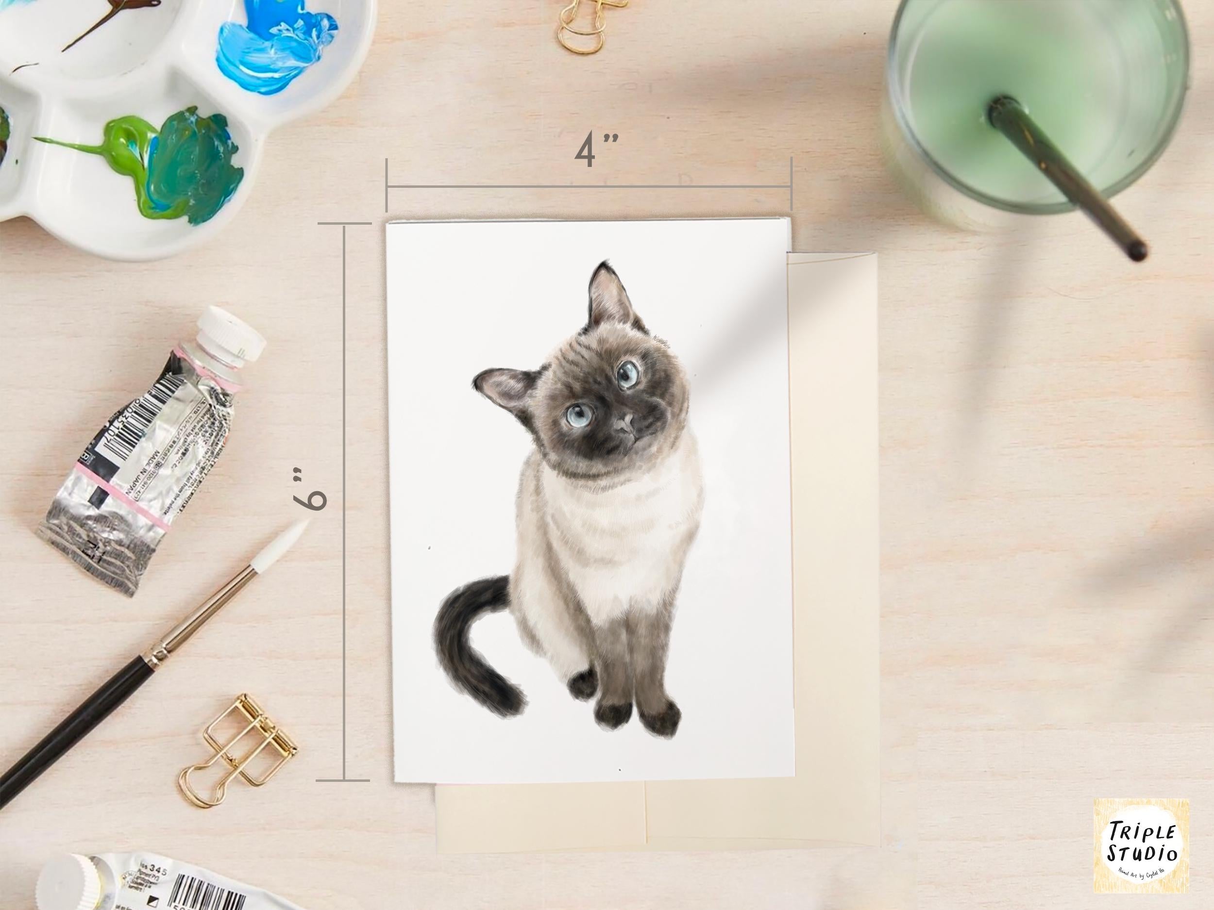 Siamese Cat Greeting Card – 4x6” Blank Note Card, Frameable Watercolor Cat Art Print