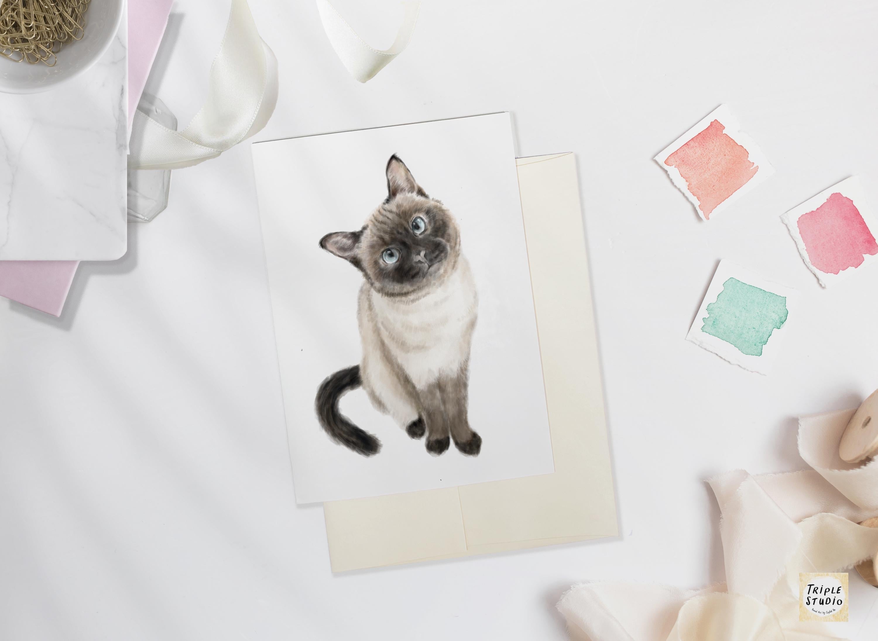 Siamese Cat Greeting Card – 4x6” Blank Note Card, Frameable Watercolor Cat Art Print