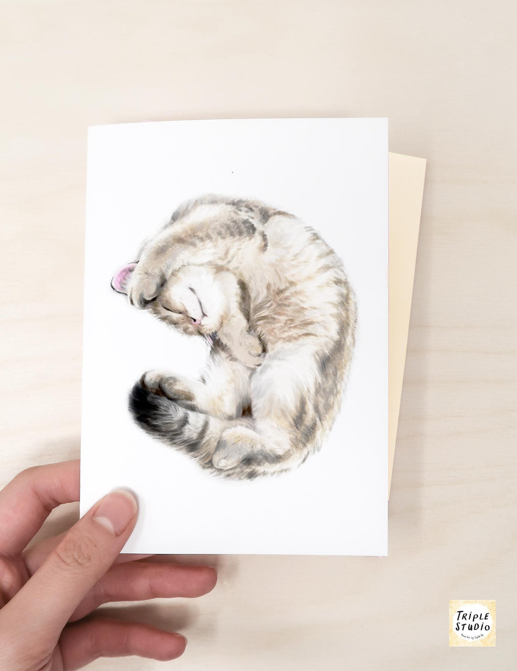 Cute Cuddly Cat Greeting Card – 4x6” Blank Note Card, Frameable Watercolor Cat Art Print