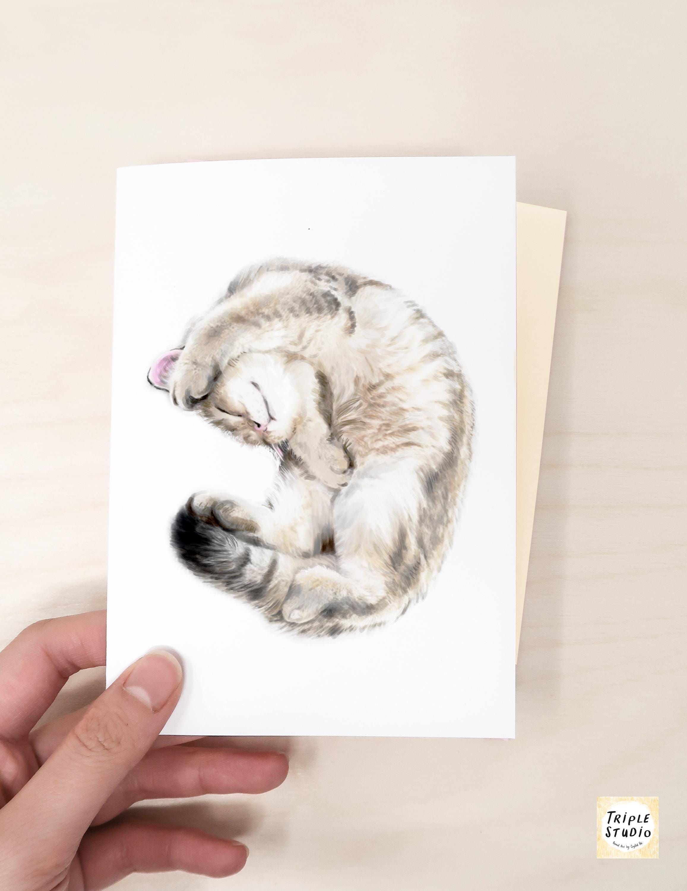 Cute Cuddly Cat Greeting Card – 4x6” Blank Note Card, Frameable Watercolor Cat Art Print