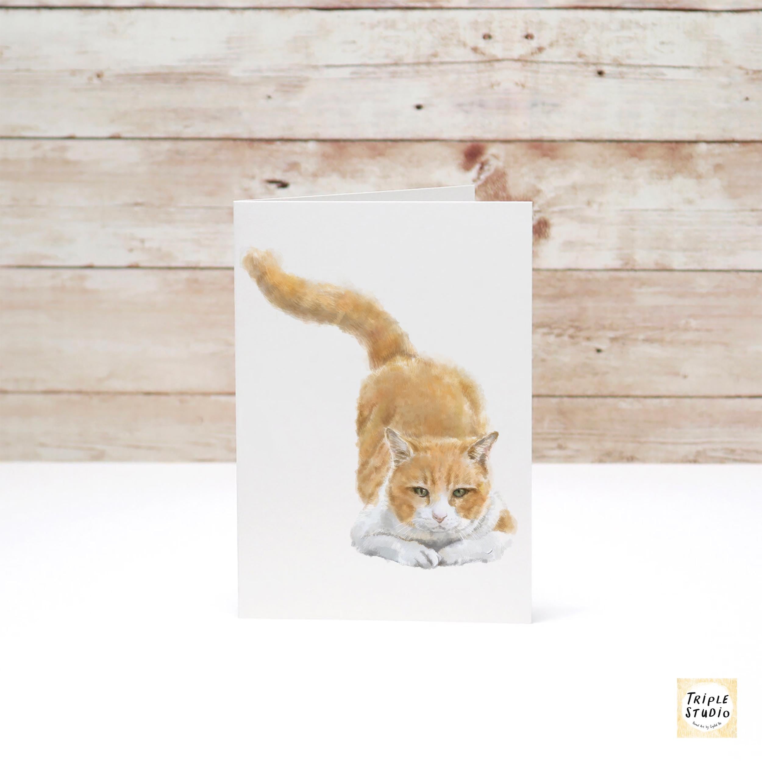 Orange Cat Greeting Card – 4x6” Blank Note Card, Frameable Watercolor Cat Art Print