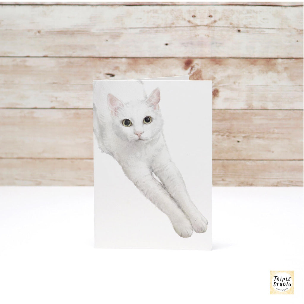 White Cat Greeting Card – 4x6” Blank Note Card, Frameable Watercolor Cat Art Print
