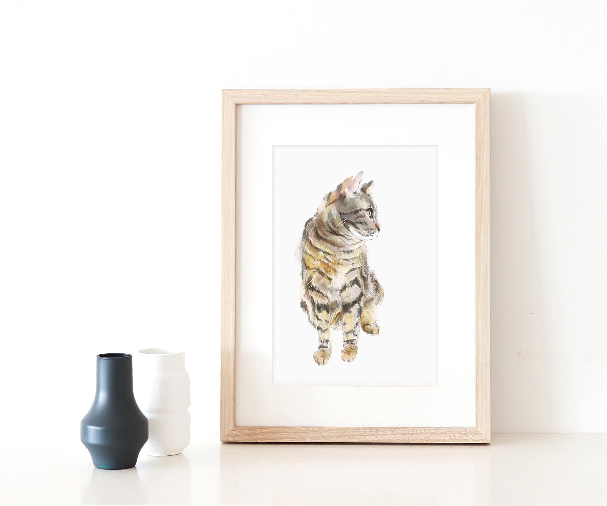 Gray Tabby Cat Watercolor Painting || Minimalistic Modern Cat Wall Art Print, Gift For Cat Lover, Crazy Cat Lady