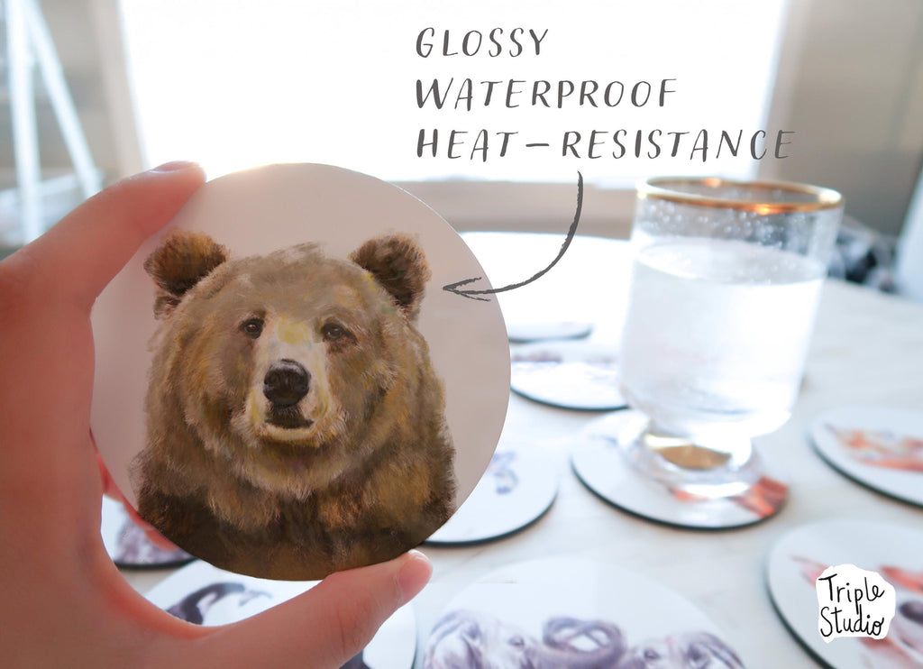 Grizzly Bear Drink Coaster, Cork Backed Coffee Table, Brown Glossy Rustic Cabin Home Decor, Woodland Animal Gift, Unique Housewarming Gift