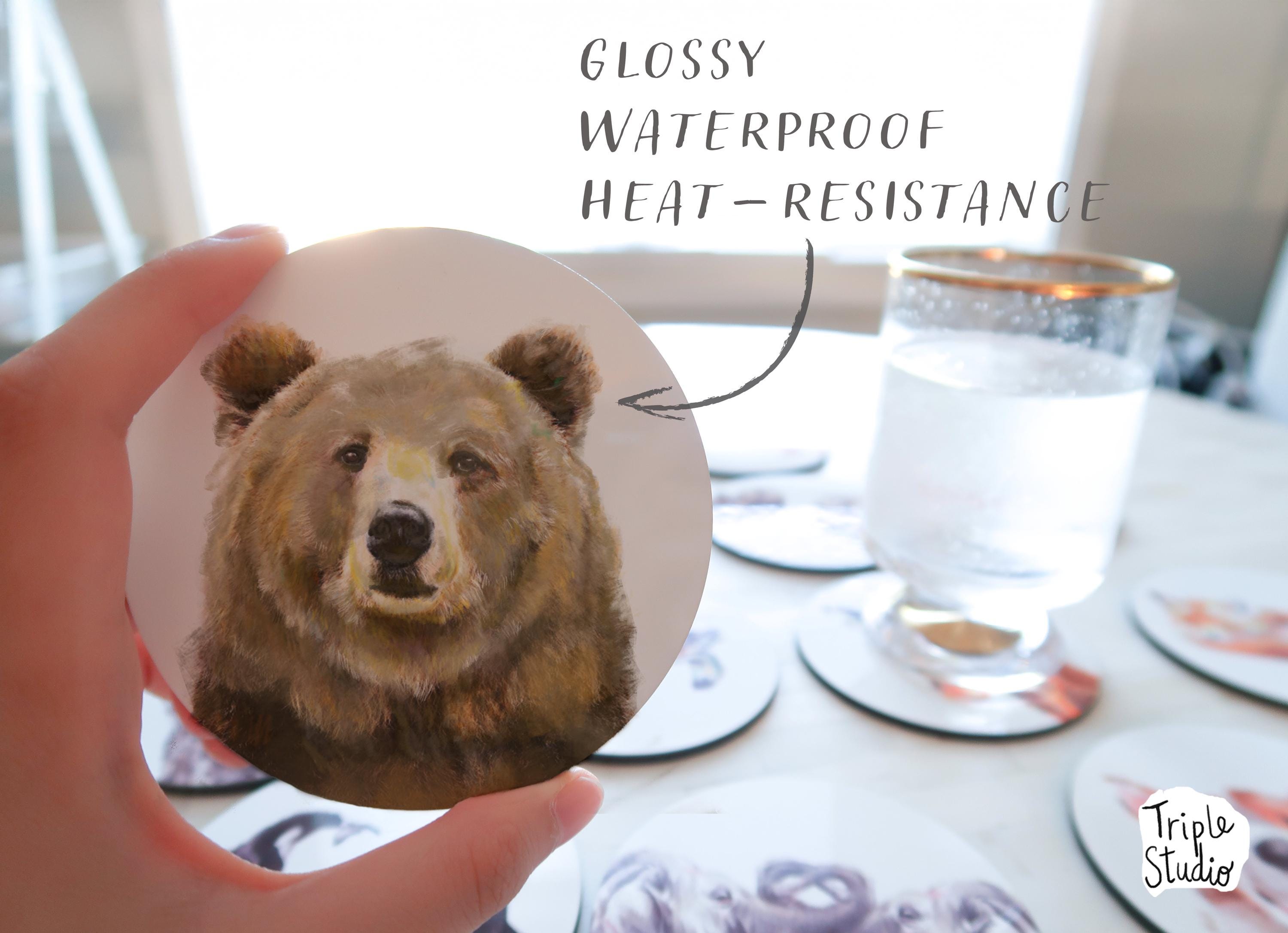 Grizzly Bear Drink Coaster, Cork Backed Coffee Table, Brown Glossy Rustic Cabin Home Decor, Woodland Animal Gift, Unique Housewarming Gift
