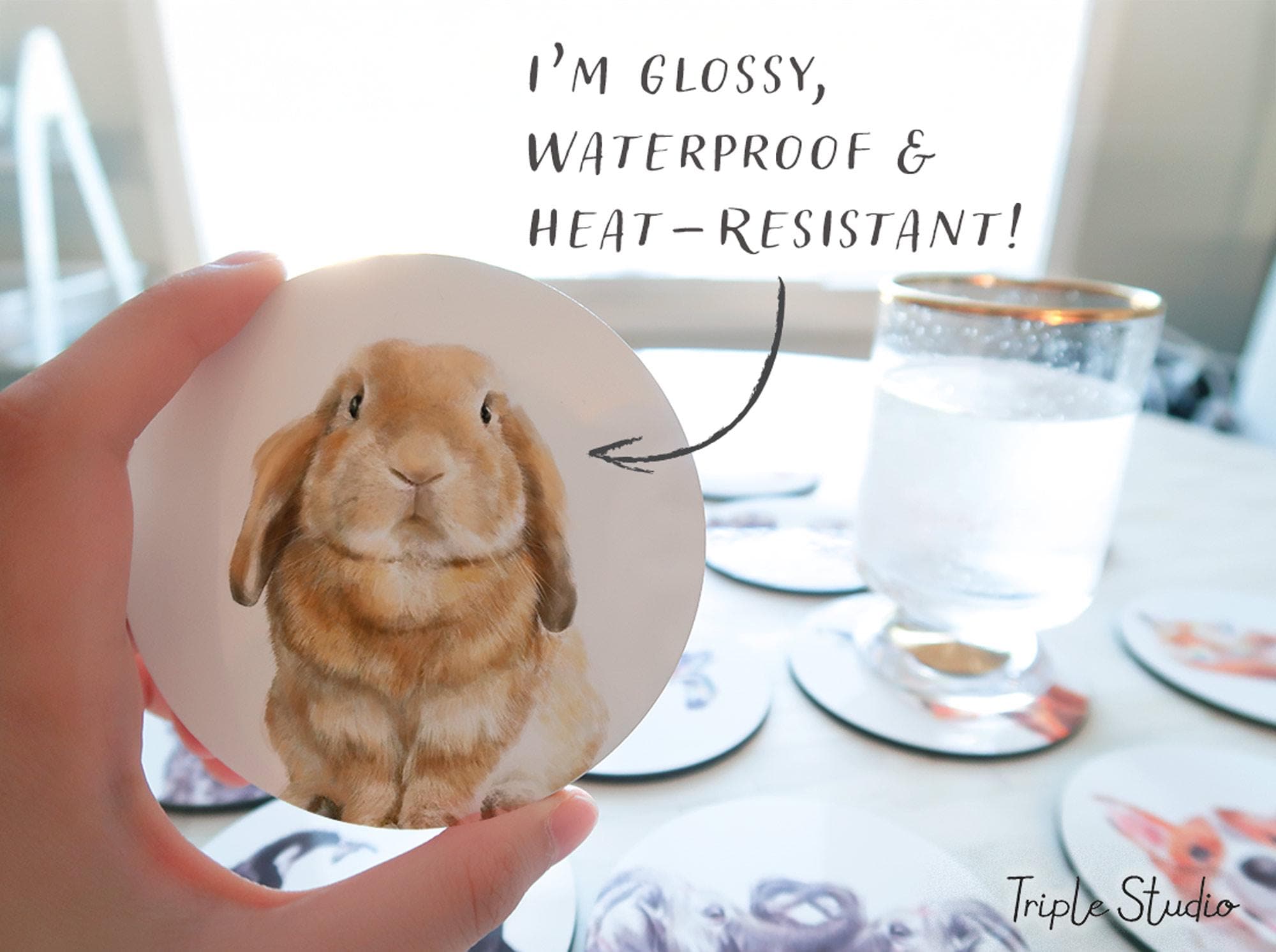 Bunny Lover Gift - Rabbit Drink Coaster with Cork Backing, Glossy Woodland Animal Art, Unique Housewarming Present, Coffee Table Decor